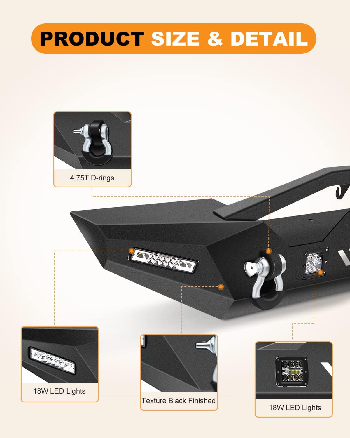 OCPTY Front Bumper with D-ring & LED Lights & Winch Plate fit for 2007-2018 for Jeep Wrangler JK (Texture Black)