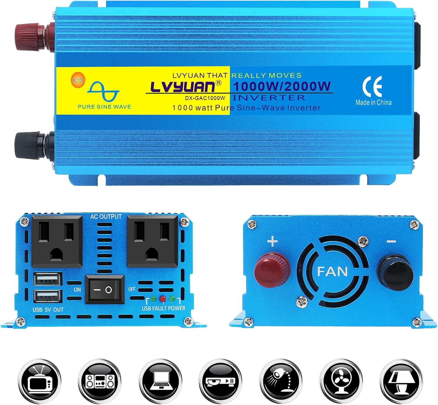 Yinleader 2500w 5000w(Peak) Pure Sine Wave Power Inverter DC 12V to 110V AC Converter with Dual LED Display 4 AC Outlets 1 USB Port for Car RV Caravan Truck Travel Camping, Laptop-Blue