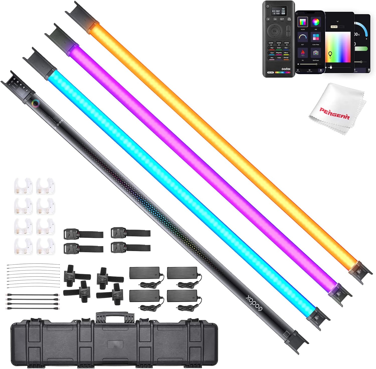 Godox TL120 4-Light RGB Tube Light, 2700K~6500K CRI 96+ TLCI 98+ Accurate Color, Brightness Range 0%~100%, 39 Light Effects, Supports APP/Remote/DMX Control, Built-in Battery, W/Cleaning Cloth