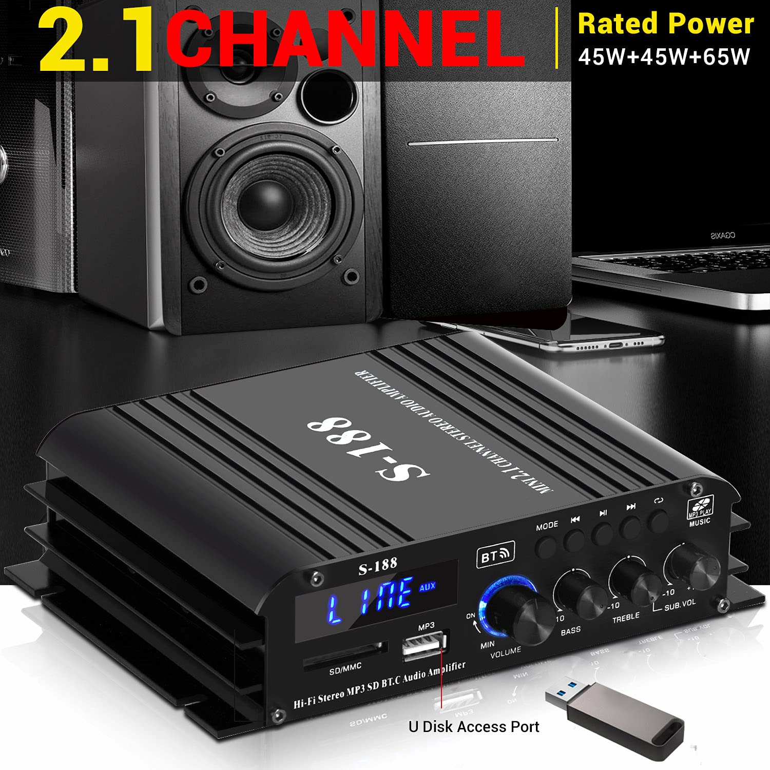 Facmogu S-188 2.1 CH Bluetooth 5.0 Home Audio Amplifier, 45Wx2+68W Passive Subwoofer, 400W HiFi Stereo Power Amplifier Class D Speaker Amp for Home Theater Karaoke, with Remote Control & Power Adapter