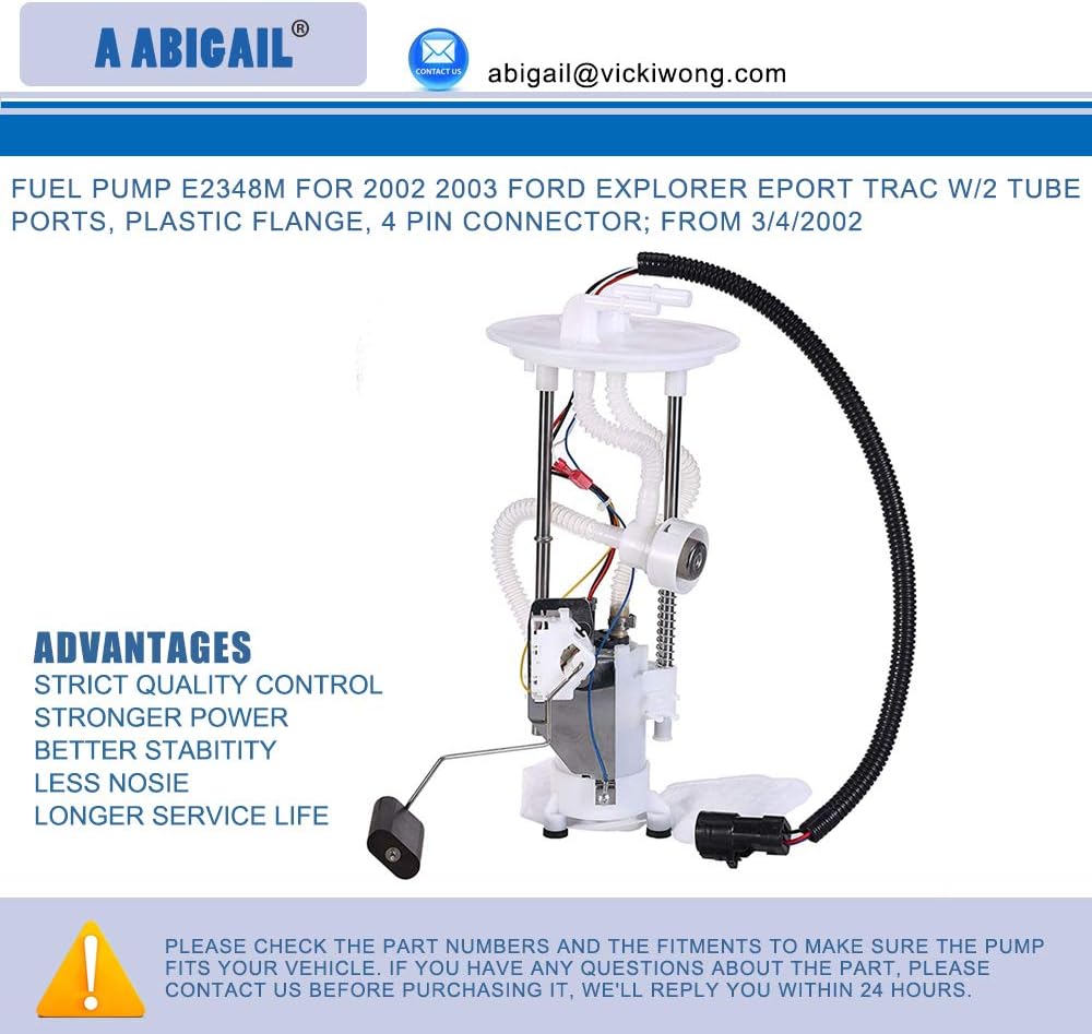 Fuel Pump E2348M For 2002 2003 Ford Explorer Eport Trac w/2 tube ports, plastic flange, 4 pin connector; from 3/4/2002