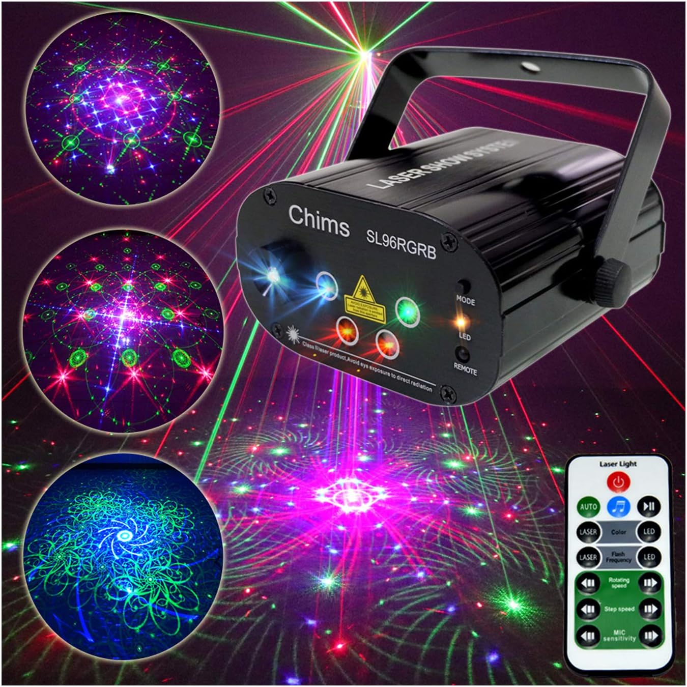 Chims DJ Light Show Projector Red Green Blue LED 96 Patterns RGRB Music Sound Activated Lighting Projector for Christmas Halloween Party Holiday Festival Gift Family Party Disco Xmas&hellip;