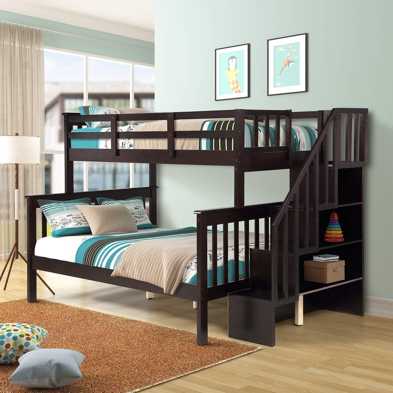 Twin Over Full Bunk Bed for Kids, Stackable Wood Bunk Twin Over Full Bed Frame with Trundle and Storage Shelves and Guard Rail, No Box Spring Needed