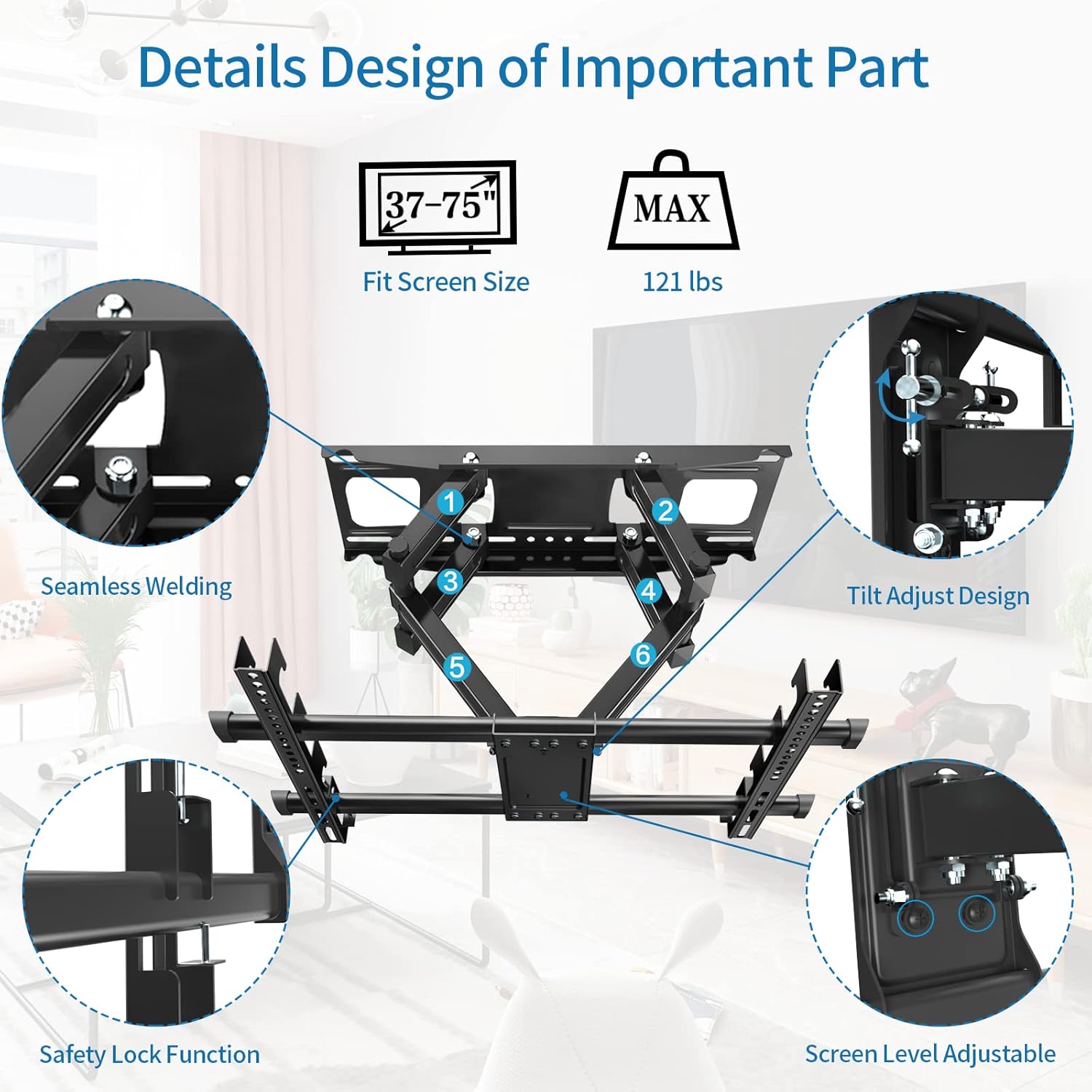 Full Motion TV Wall Mount with Height Setting, JUSTSTONE TV Bracket Fits Most 37-75 Inch LED Flat&Curved TVs,Articulating Swivel Tilt Dual Arms Extension Max VESA 600x400mm and Holds up to 121 LBS Pack of 2
