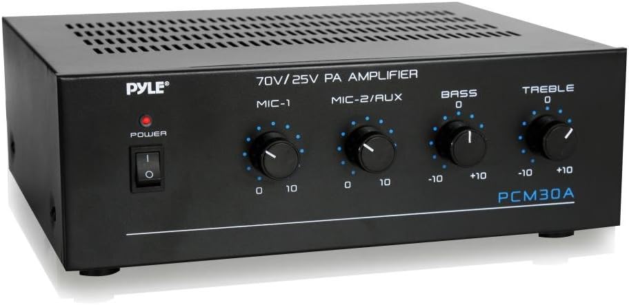 Compact Mini Home Power Amplifier - 60W Smart Small Indoor Audio Stereo Receiver w/ RCA, 2 Microphone IN, 25/70 Volt Outputs, LED, Input Selector, For PA, Amplified Speaker Sound System - Pyle PCM30A