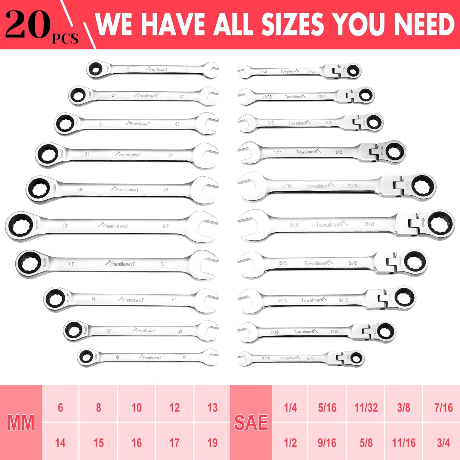 Towallmark 20-Piece SAE and Metric Ratcheting Combination Wrench Set,Ratchet Wrenches Set, Cr-V Constructed,Chrome Vanadium Steel Wrench Set with Roll-up Storage Pouch ( Flex -Head+ Fixed Head) Pack of 2