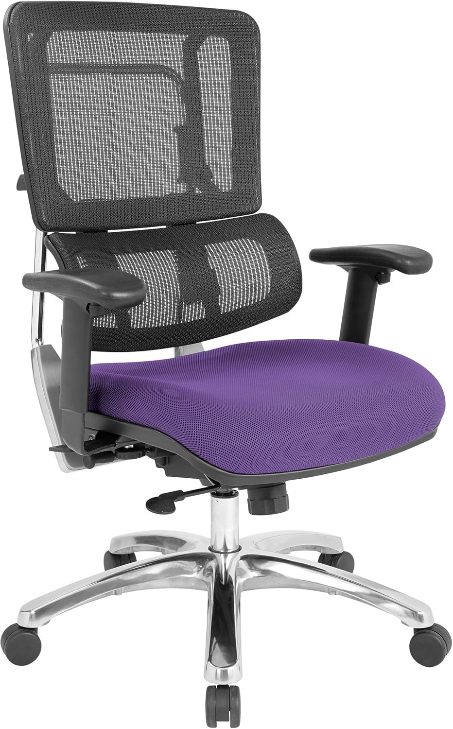 Office Star Pro X996 Series Manager's Office Chair with Breathable Black Back, Adjustable Height and Lumbar Support, Polished Aluminum Base, Padded Seat with Purple Mesh