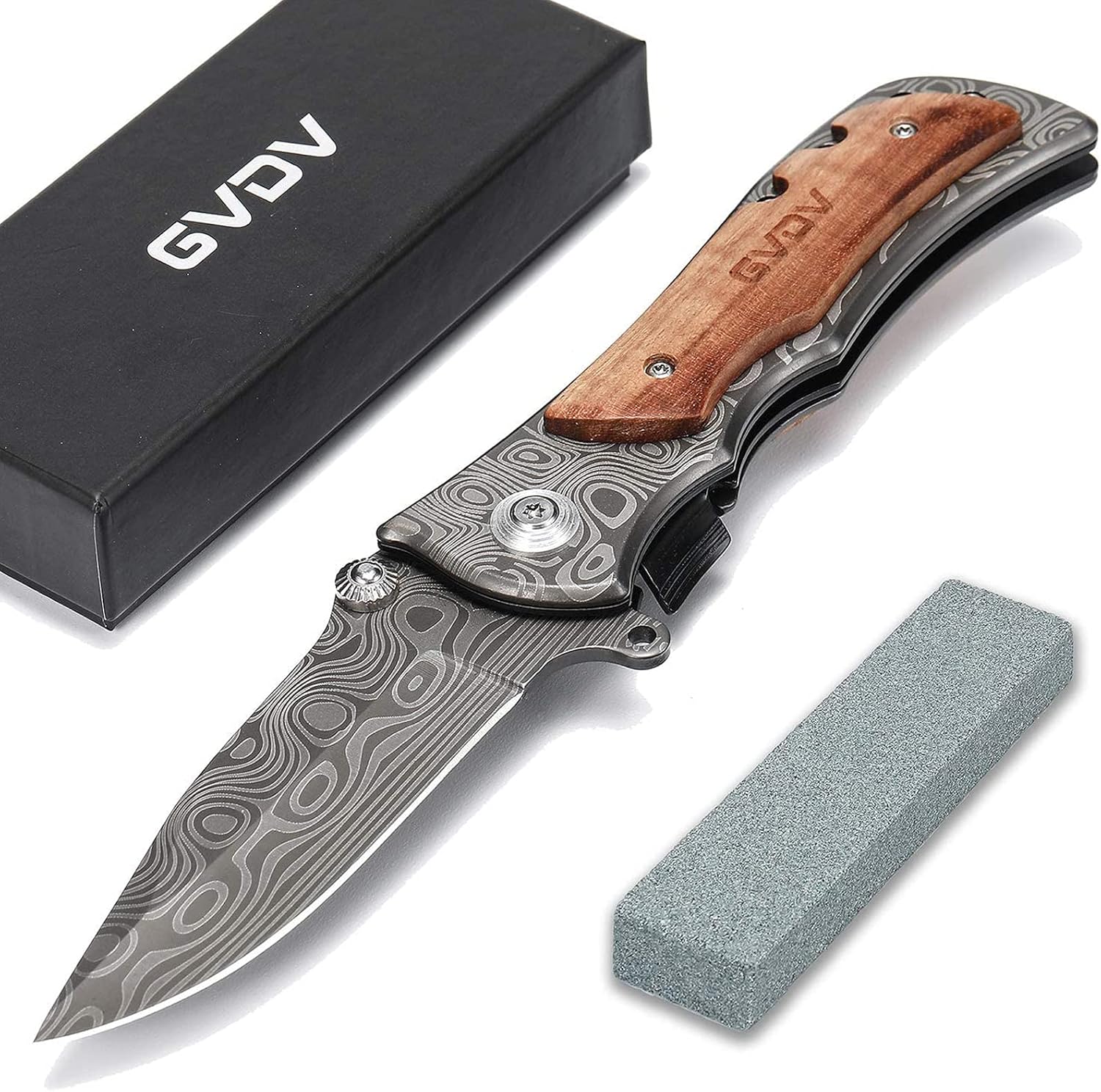 GVDV Pocket Folding Knife with 7Cr17 Stainless Steel, Tactical Knife for Camping Hunting Hiking, with Titanium Coated Blade + Safety Liner-Lock + Belt Clip, Wooden Handle