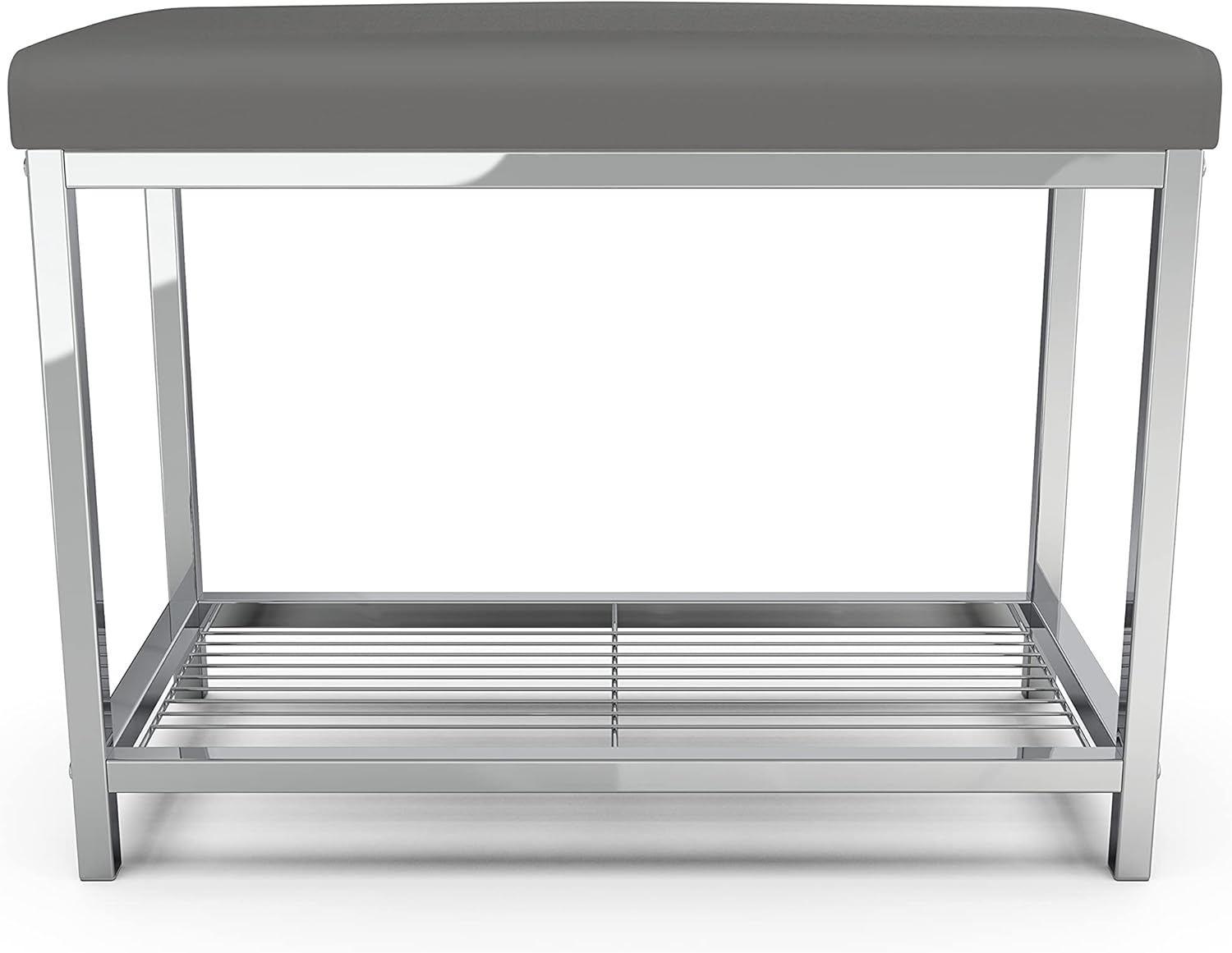 MODERNA Extra Wide Bathroom Bench for Vanity, Bedroom, Shoe Rack, Entryway and Hallway, with White Cushion Vegan Leather Seat, Chrome Steel Frame with Storage Shelf