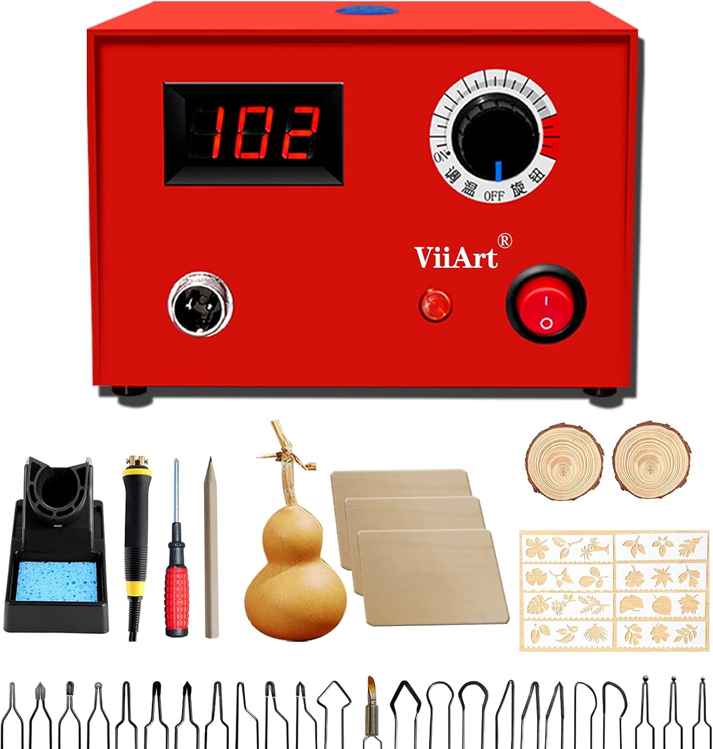 ViiArt Wood Burning Kit Professional Digital Adjustable Wood Leather Pyrography Machine Kit Wood Burner Tool 24 Wire Tips(Single Pen)