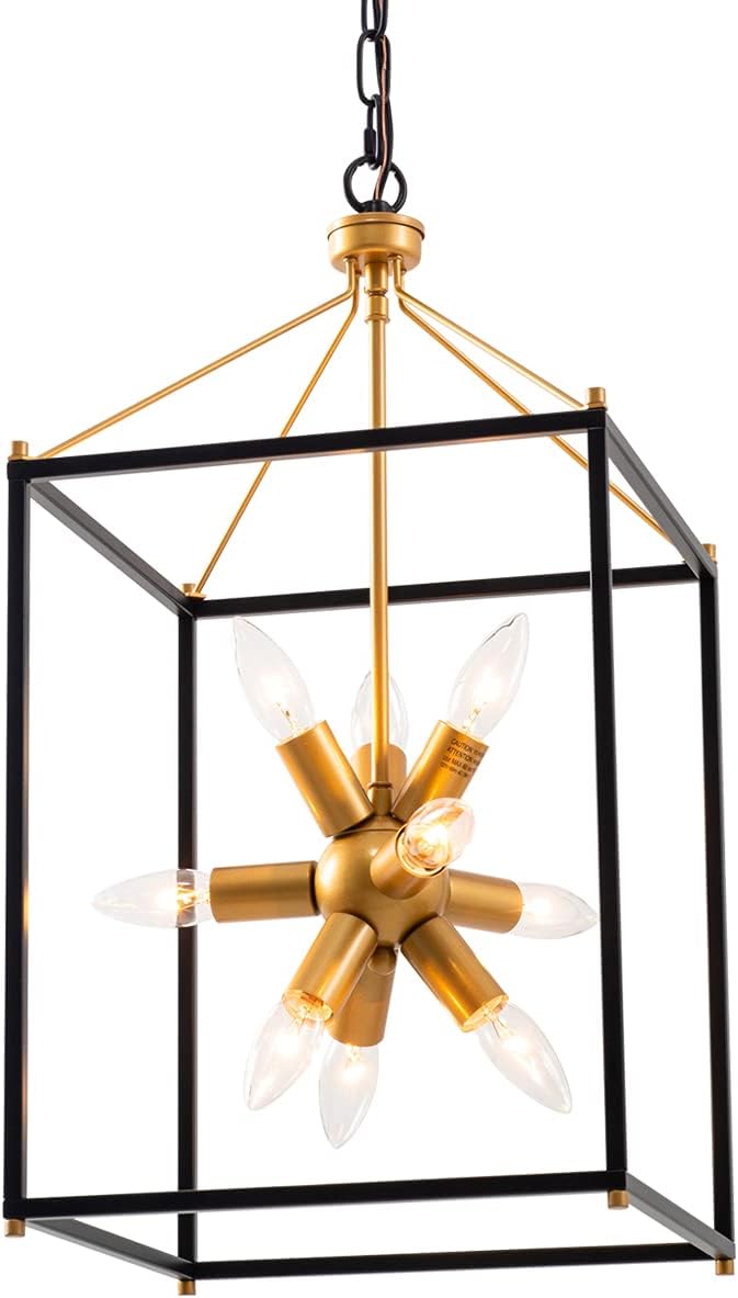 Elyccupa 9-Light Industrial Chandelier with Black and Antique Brass Brush Paint Finish Adjustable Rectangle Lantern Cage Pendant Light for Kitchen Island Living Dining Room Foyer Hallway