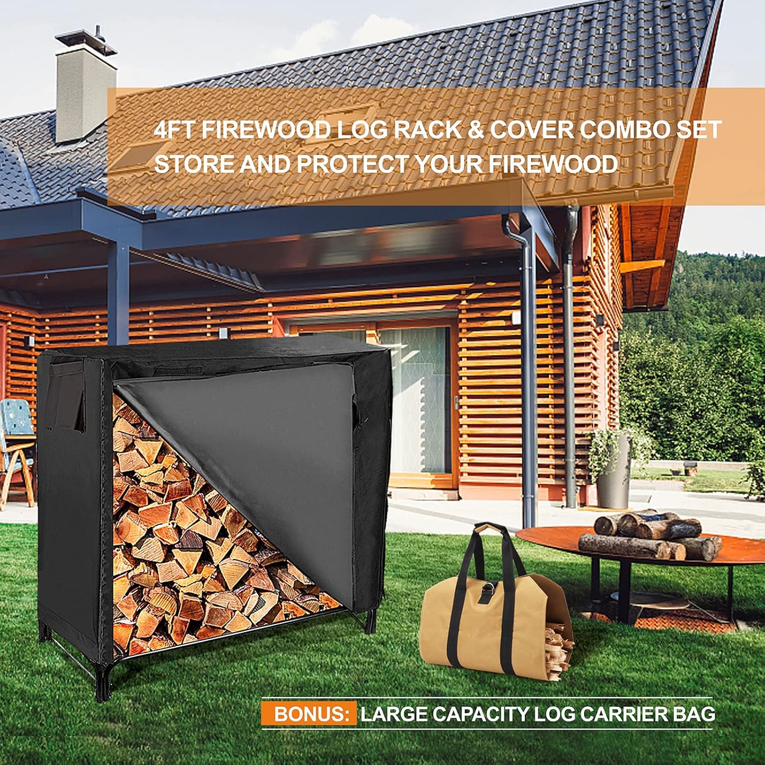 4-foot Fire Wood Racks Outdoor with Waterproof Cover and Wood Carrier Tote, Heavy Duty Log Rack Wood Holders Storage Set, Black Steel Tubular Lumber Rack & Cover, Brown Tote