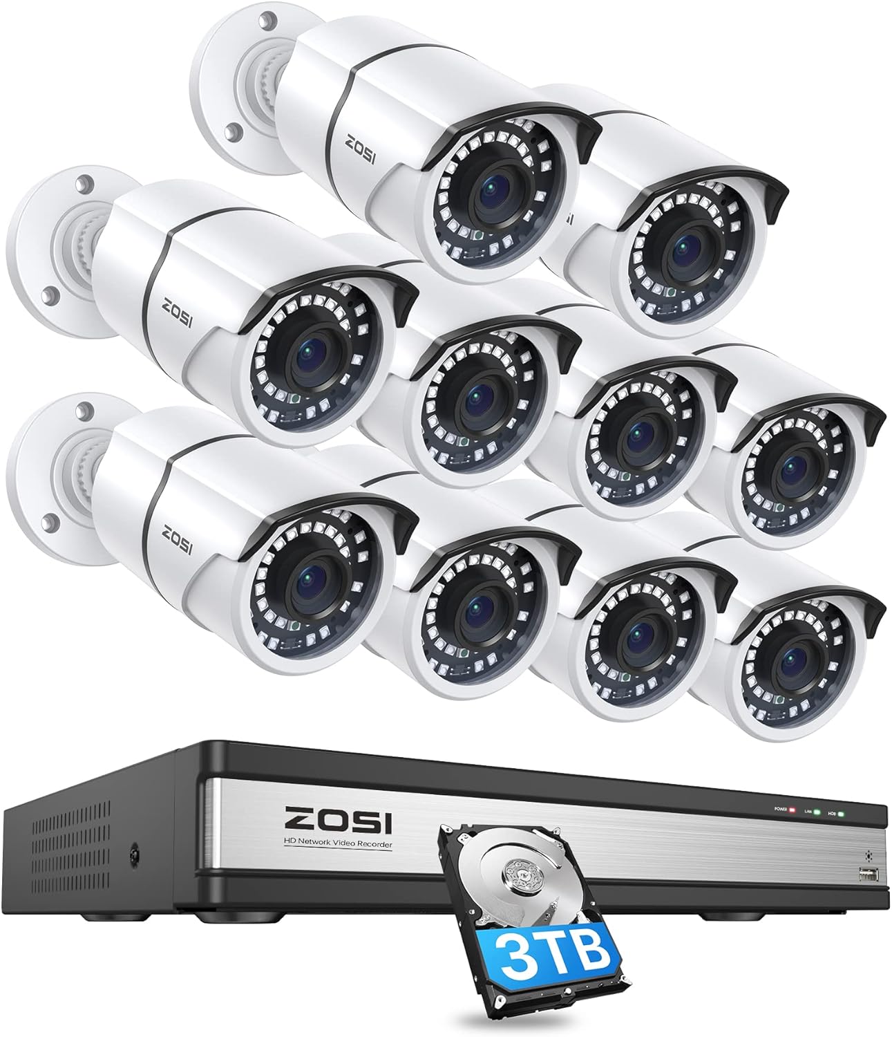 ZOSI 4K 16 Channel Security Camera System ,16 Channel 8MP NVR with Hard Drive 3TB and 10 x 5MP Surveillance Cameras Outdoor Indoor with 120ft Night Vision, Remote Access