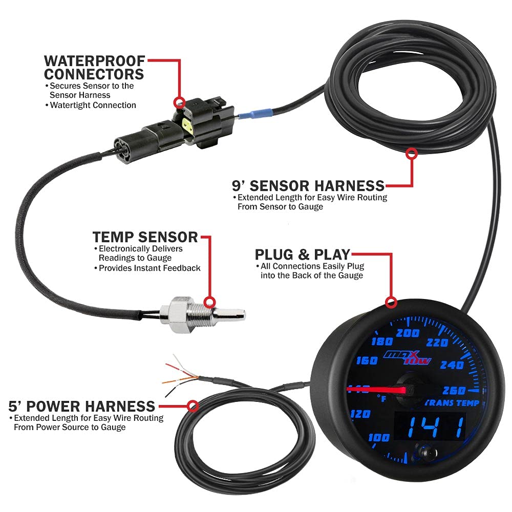 MaxTow Double Vision 260 F Transmission Temperature Gauge Kit - Includes Electronic Sensor - Black Gauge Face - Blue LED Illuminated Dial - Analog & Digital Readouts - for Trucks - 2-1/16