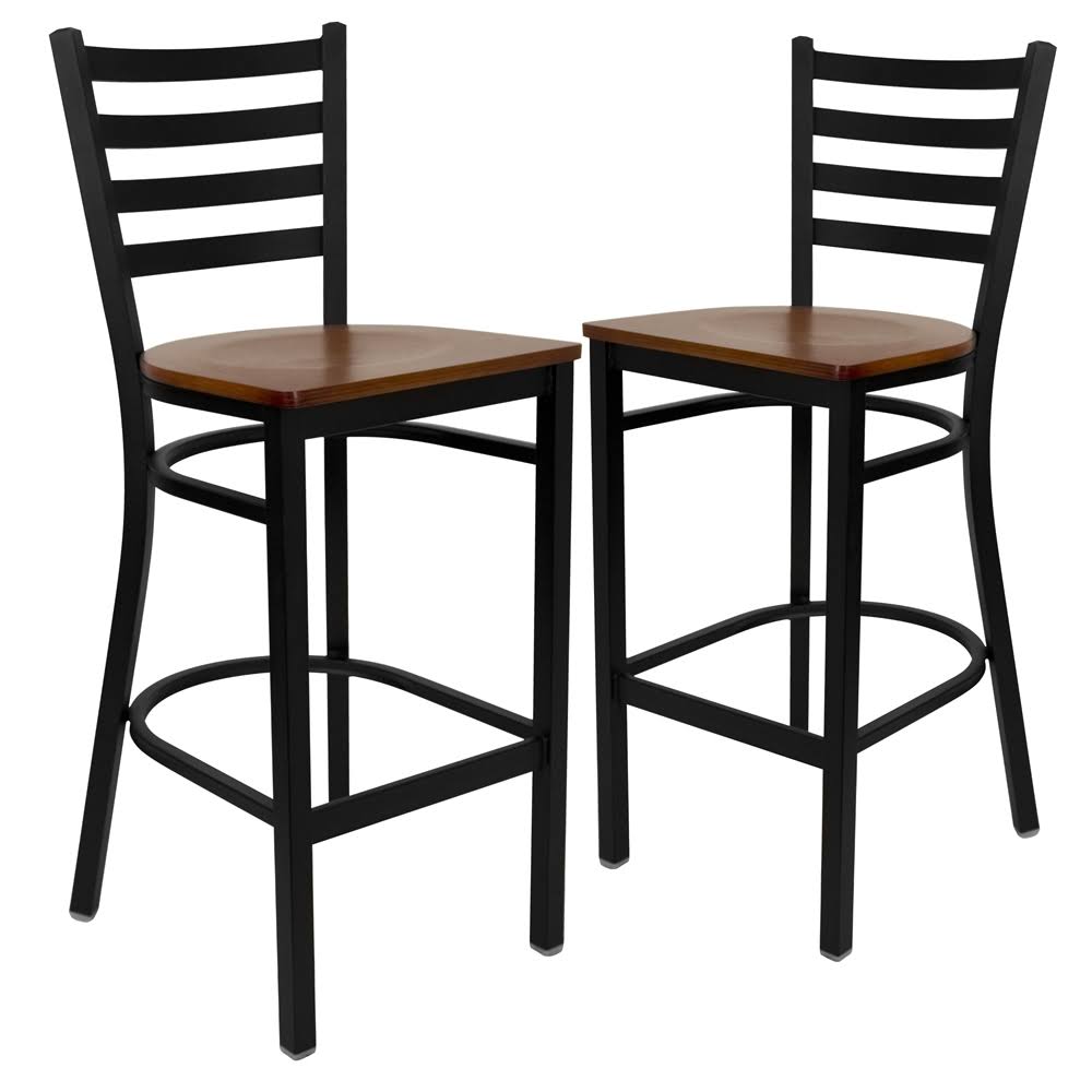 Flash Furniture 2 Pk. Hercules Series Black Ladder Back Metal Restaurant Barstool - Cherry Wood Seat