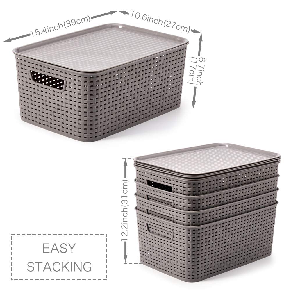 EZOWare Set of 4 Lidded Storage Bins, Large Plastic Stackable Weaving Wicker Baskets Boxes Containers with Lids and Handle, 15.4 x 10.5 x 6.7 inch Pack of 2
