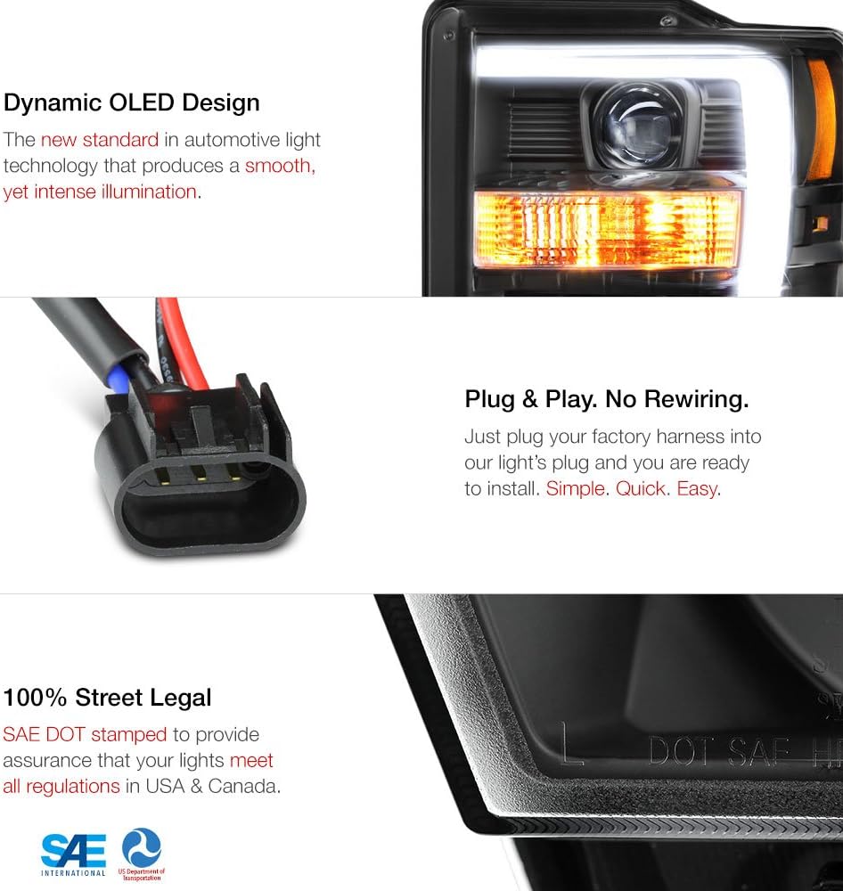 [For 2008-2010 Ford F-250 F-350 Superduty Pickup Truck] OLED Neon Tube Black Projector Headlight Headlamp Assembly, Driver & Passenger Side