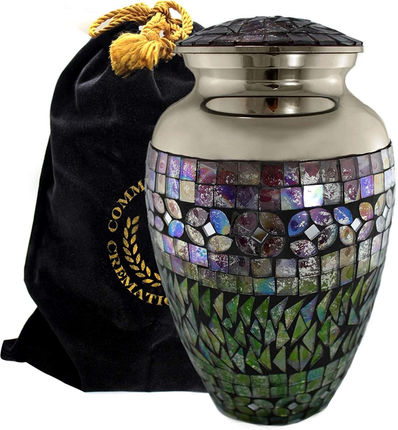 Cracked Glass Mosaic Silver Urn - Cremation Urns for Human Ashes Adult for Funeral, Burial, Niche, or Columbarium Cremation - Urns for Adult Ashes - Cremation Urns for Human Ashes - Large