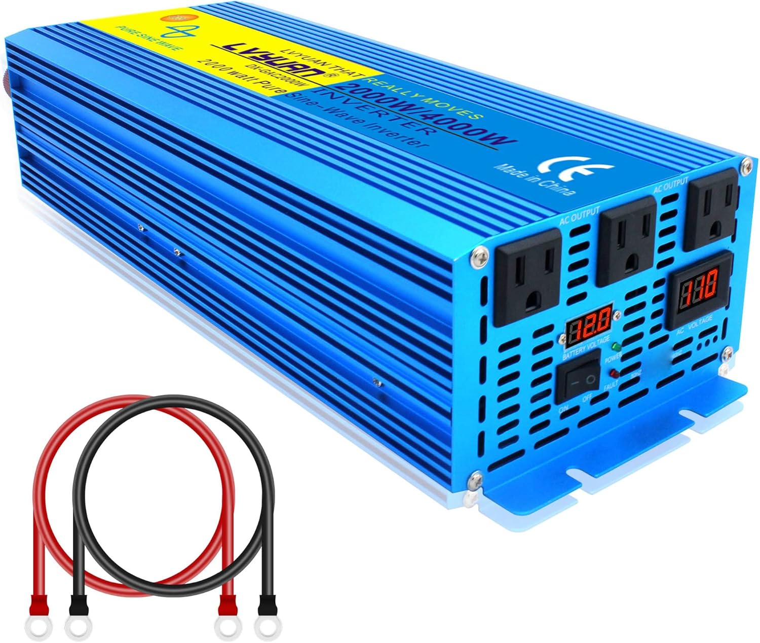 Cantonape 2000 Watt Pure Sine Wave Power Inverter 12V DC to 110V AC Converter, 3 AC Outlets Car Inverter with LCD Display for Car Boat Truck RV Solar Power Travel Camping