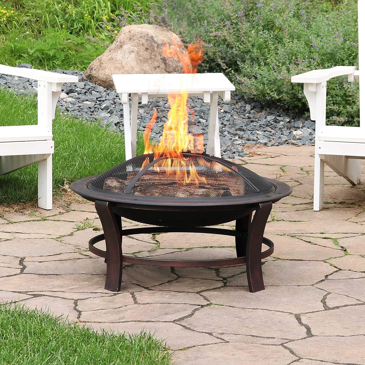 Sunnydaze Elevated Round Fire Pit Bowl with Stand Set- Portable Backyard Round Wood Burning Patio Firebowl with Spark Screen, Wood Grate and Poker - 29-Inch