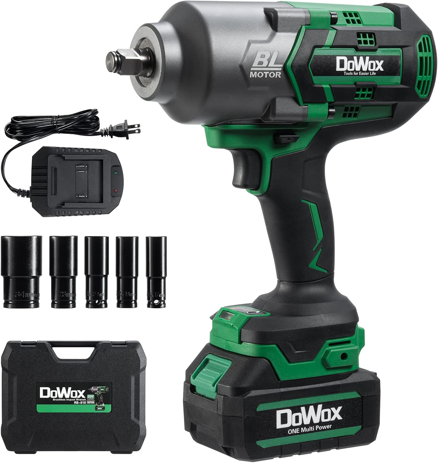 DOWOX Power Electric Cordless Impact Wrench, 1/2 Inch, High Torque 885 Ft-lbs, Brushless, 20V Max 4.0 Ah Li-ion Battery, 5pcs Sockets, Storage Tool Box