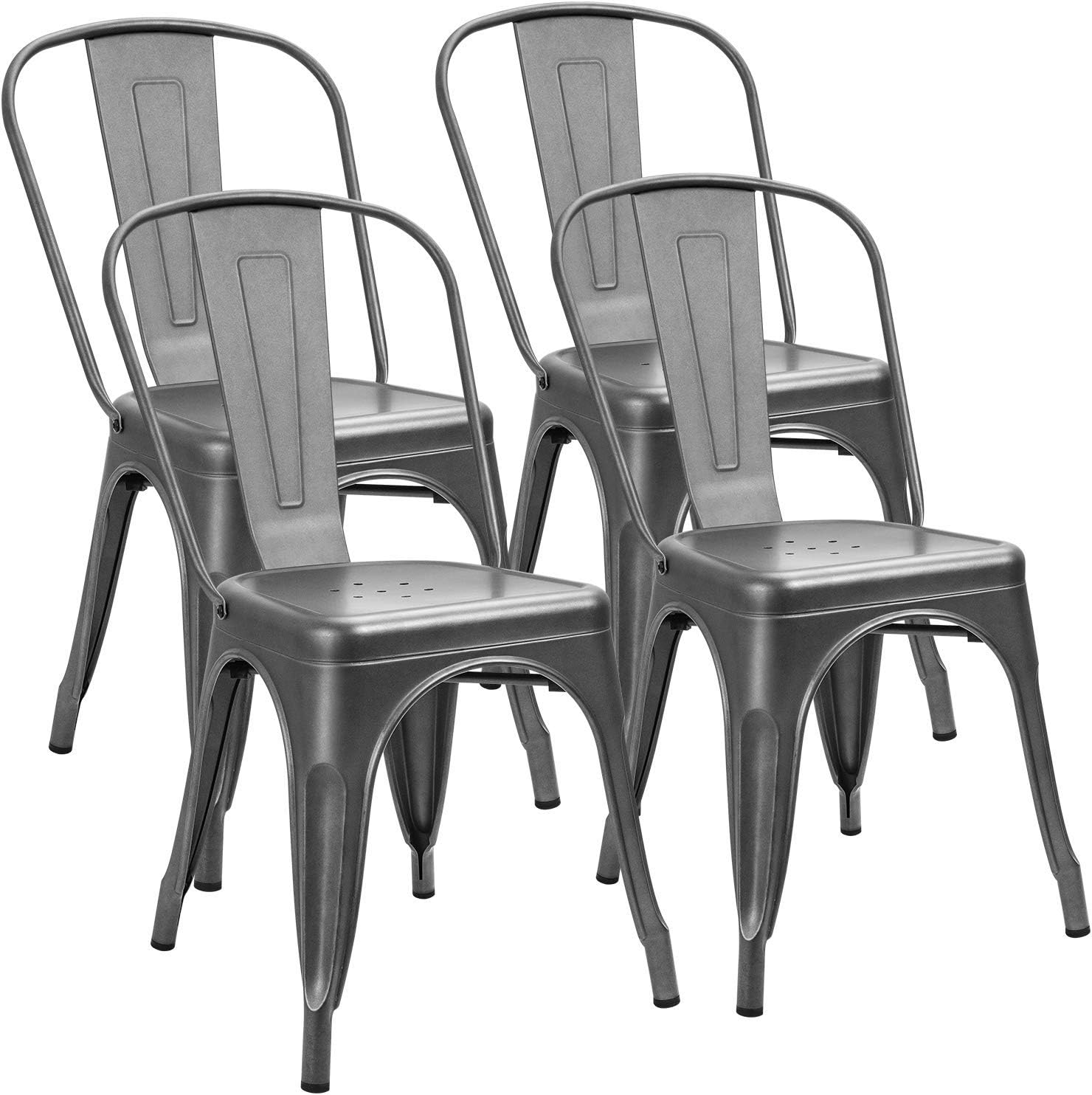 Furniwell Metal Dining Chairs Indoor-Outdoor Use Stackable Kitchen Chair Trattoria Side Chic Dining Bistro Cafe Chairs with Back Set of 4 (Grey)