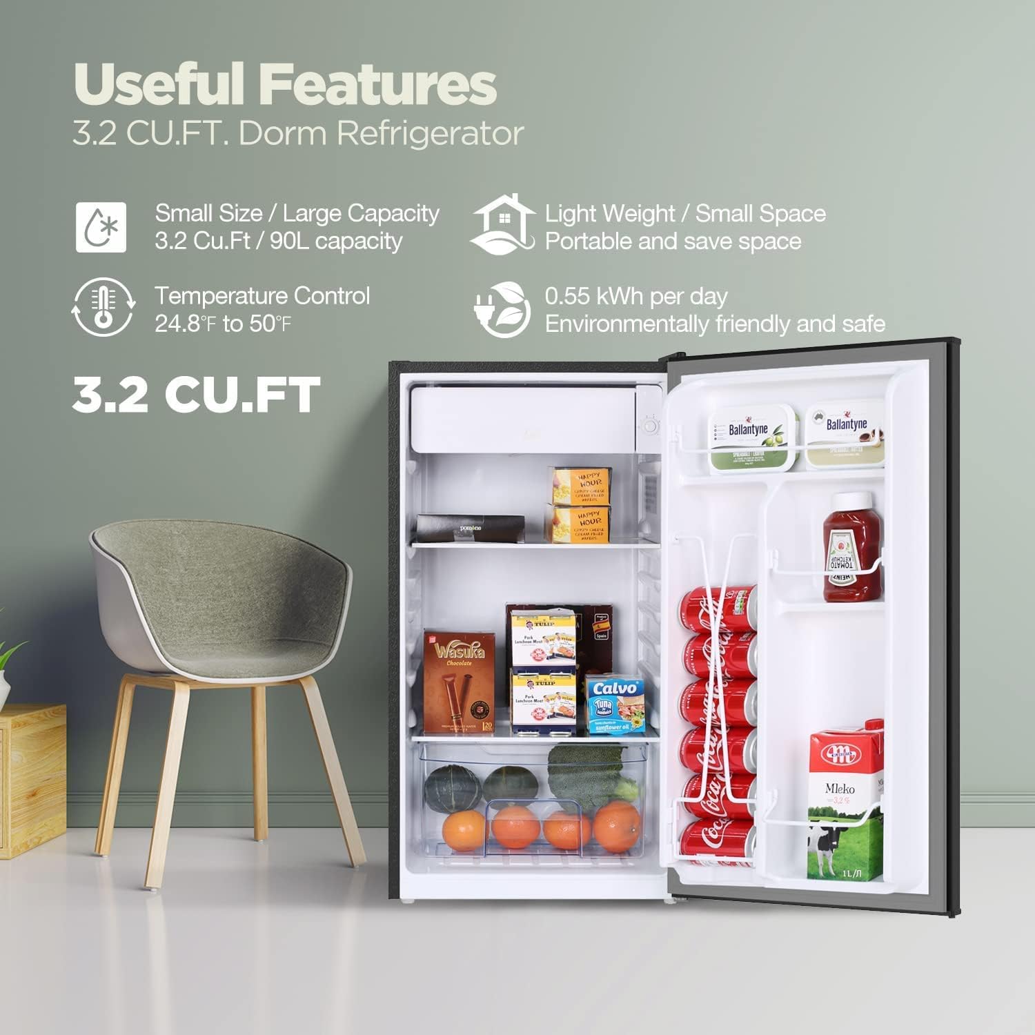 Frestec Mini Fridge for Bedroom,Small Refrigerator,Dorm Refrigerator,3.2 Cu Ft Single Door Compact,Energy Saving,Low Noise with Reversible Door,Mini Fridge for Office(Black with Handle)