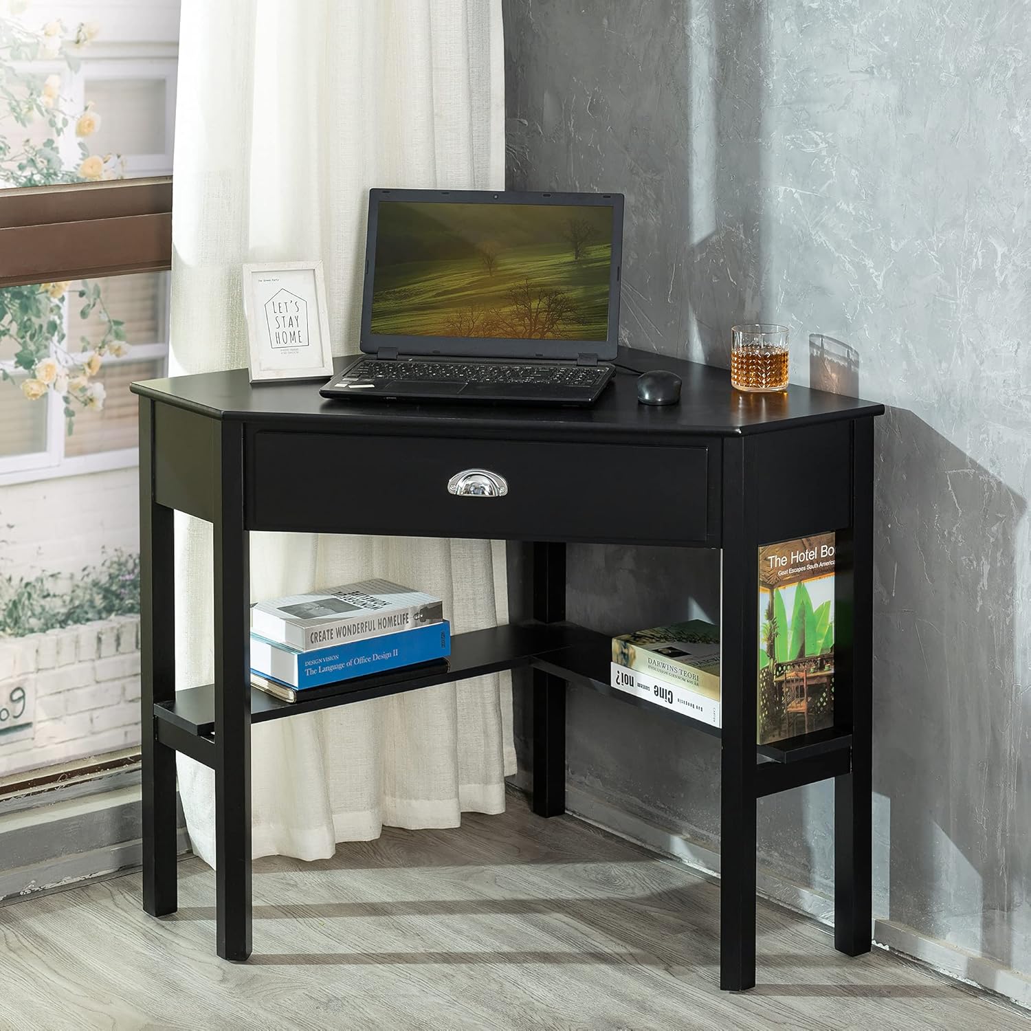 ZENODDLY Corner Desk Corner Computer Desk for Home Office Desks, Black Corner Desk with Drawer & Shelves Fits 90 Degree Corner, Versatile Corner Desk for Small Space Furniture