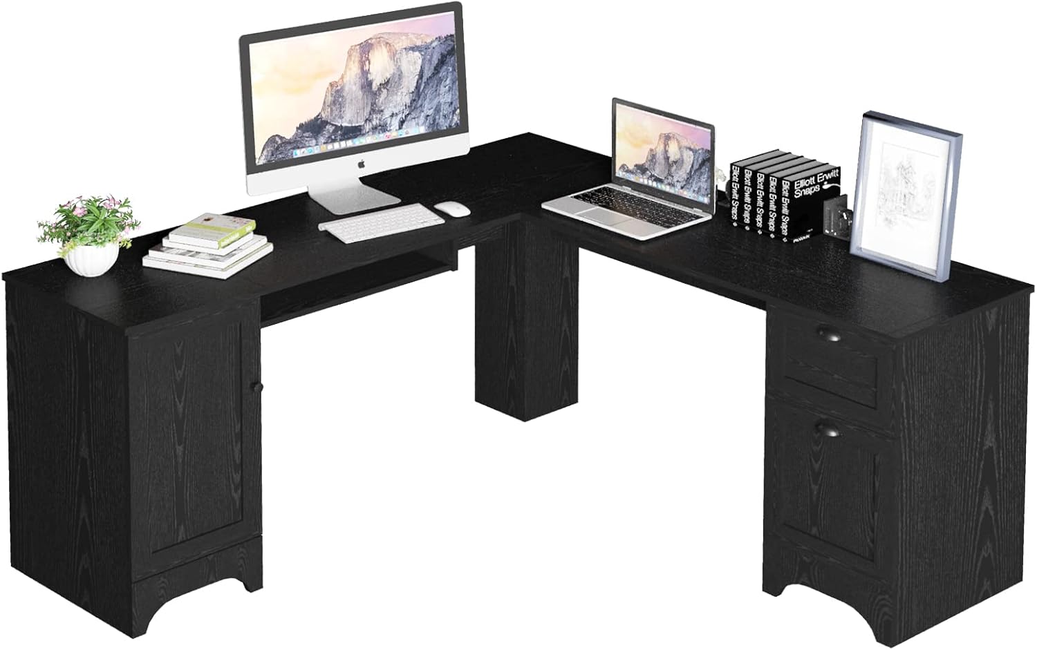 Tangkula L Shaped Office Desk, 66.5 Inches Corner Computer Desk with Storage Drawers & Cabinet, Home Office Desk with Pull-Out Keyboard Tray, Space-Saving Computer Workstation