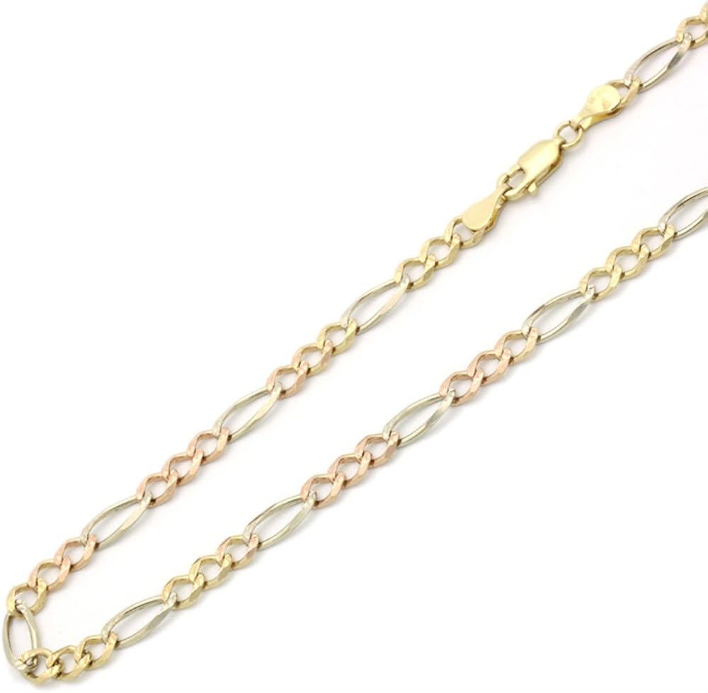 14K Solid Gold 3.5mm Tricolor Figaro Chain Necklace -Lobster Claw Clasp- Multiple lengths available