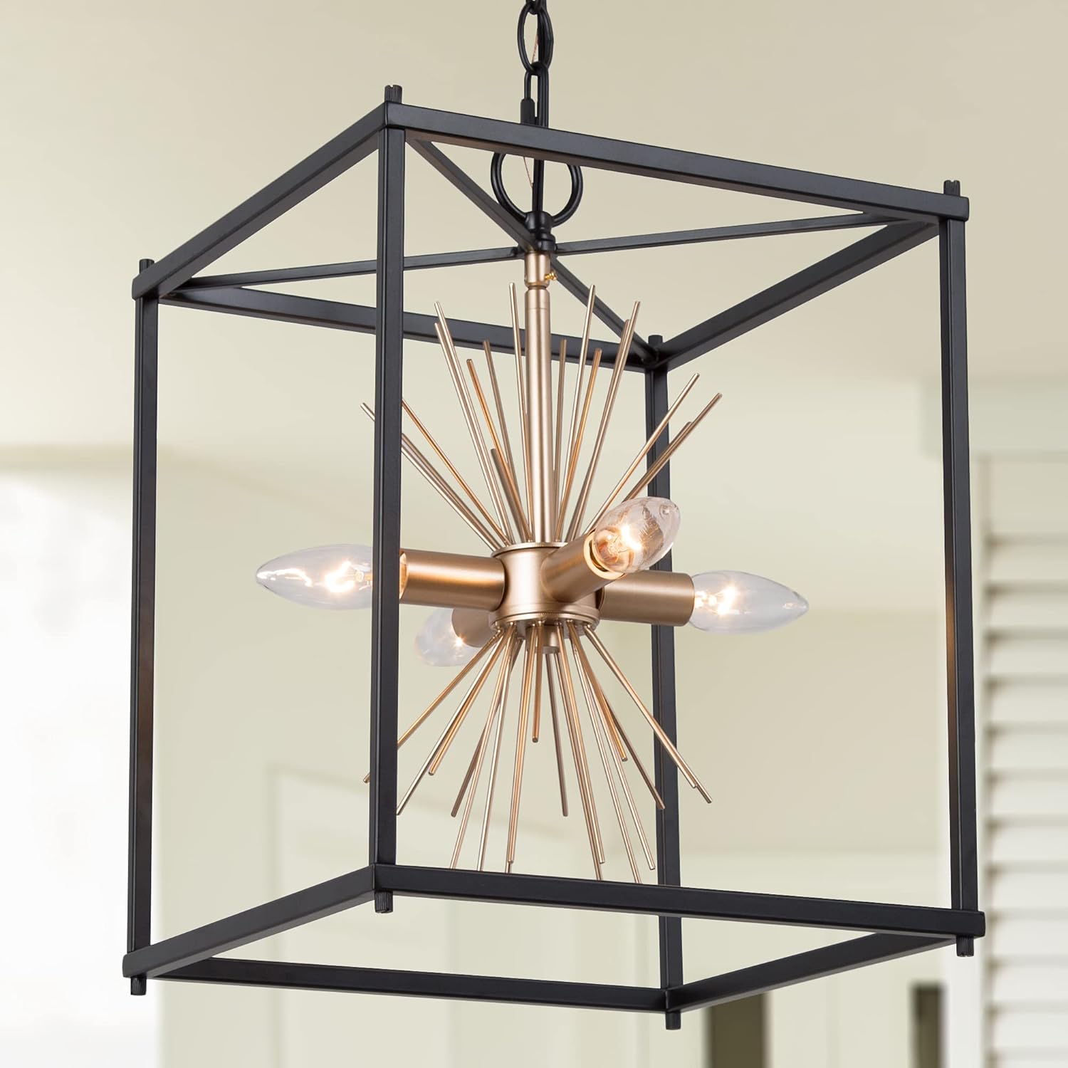 Optimant Lighting Black and Gold Chandelier, 4-Light Mid Century Modern Sputnik Pendant Lighting Fixture, Square Chandelier for Kitchen Island, Dining Room, Foyer, Entryway, Bedroom, 12&rdquo;