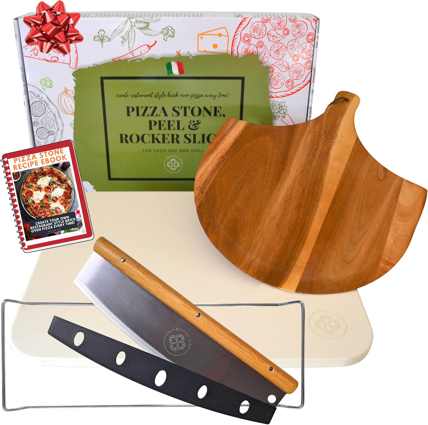 Pizza Stone for Oven and Grill with Wooden Pizza Peel Paddle & Pizza Cutter Set - Detachable Serving Handles - BBQ Grilling Accessories - Baking Supplies - 15 inch x 12 inch Large Stone