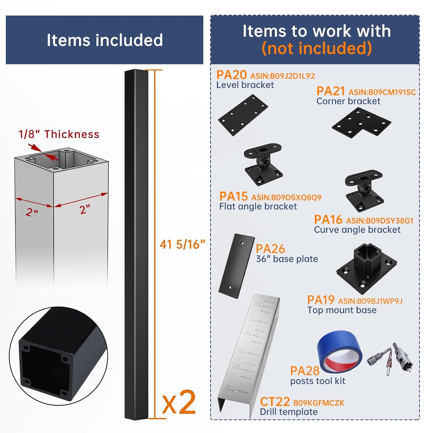 Muzata Cable Railing Post 2-Pack 36-42 inch Assembled Weldless 2