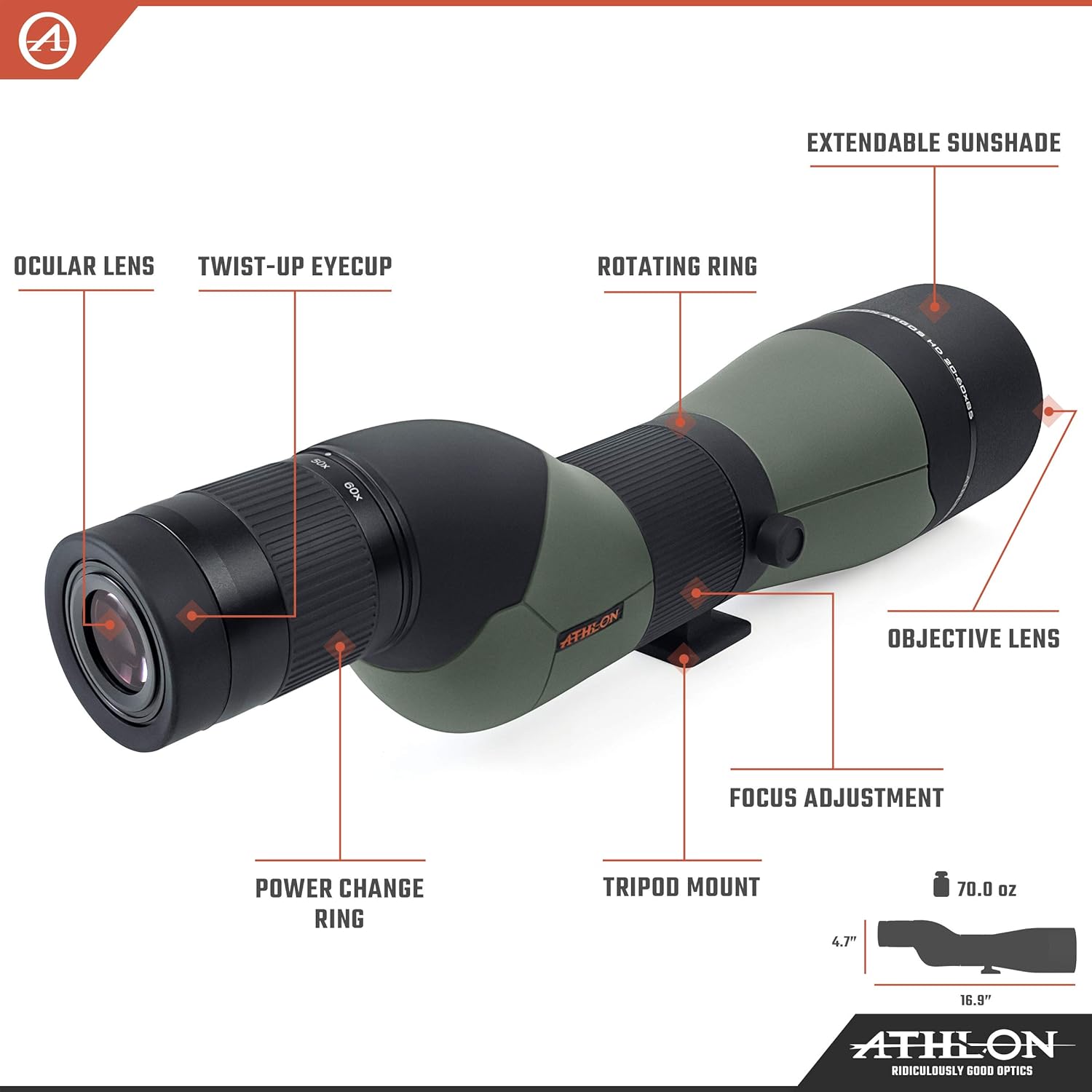 Athlon Optics Argos HD 20-60x85 Spotting Scope - Straight, Green/Black