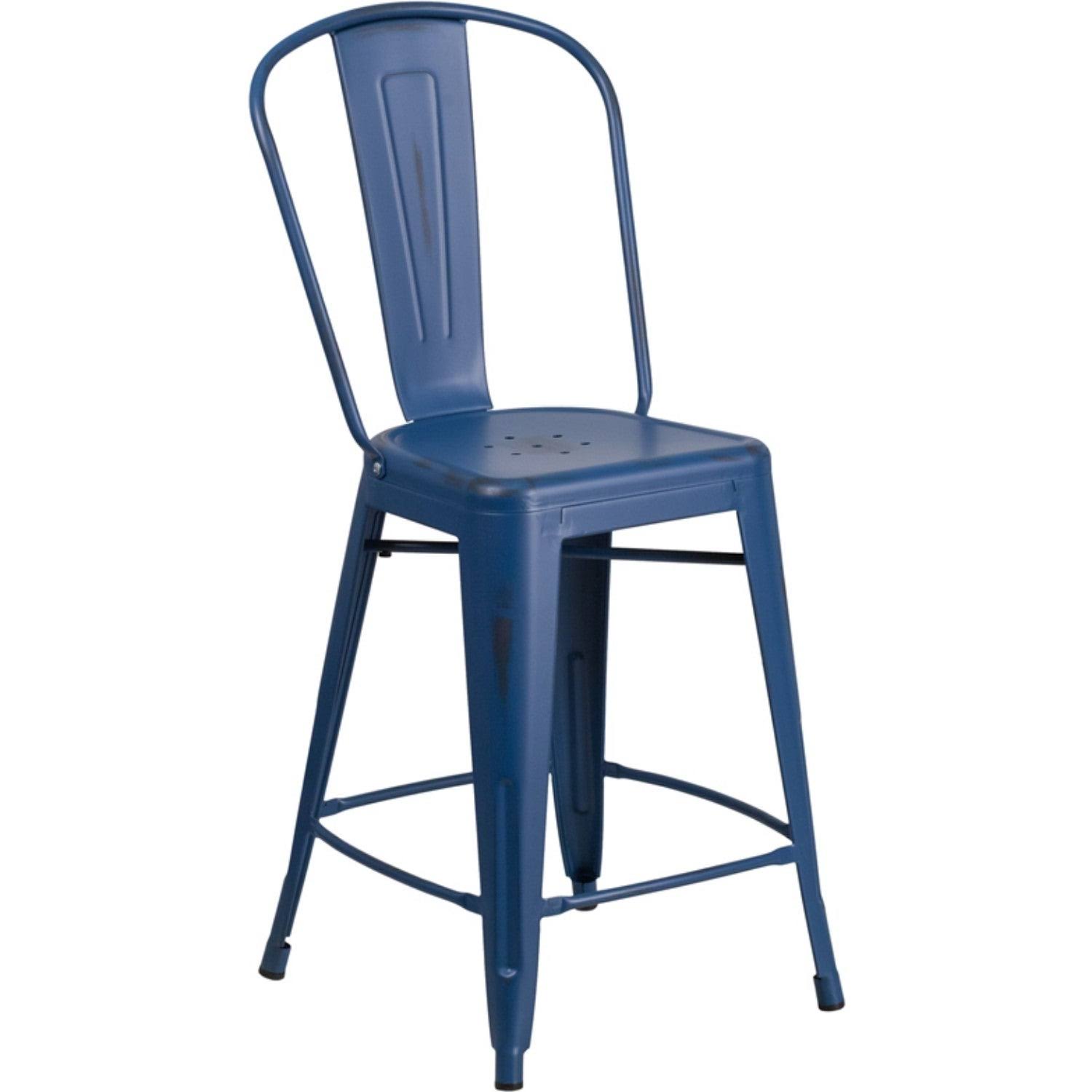 Offex 24 in. High Distressed Antique Blue Metal Indoor-Outdoor Counter Height Stool with Back