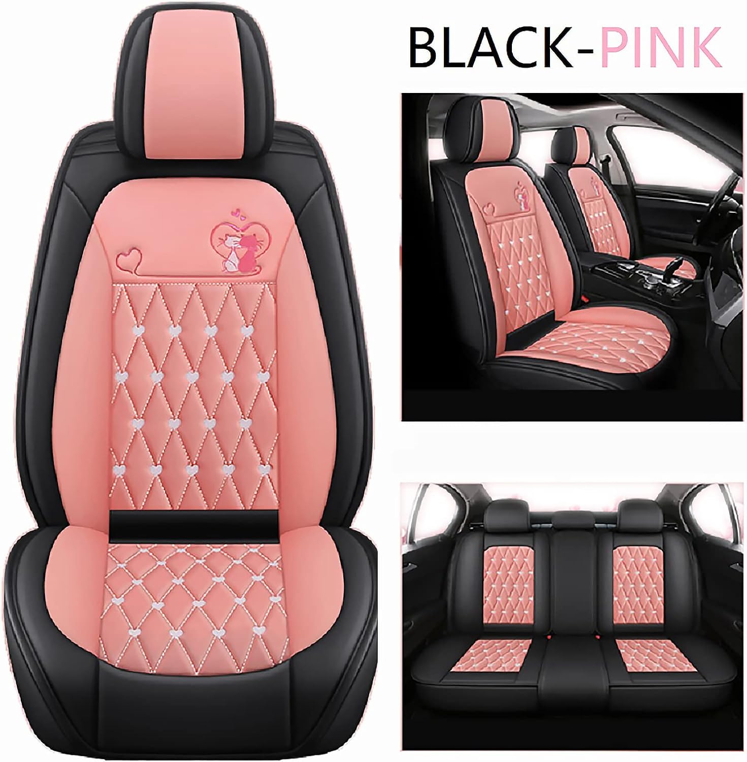 RED-SHYN R-004 Leather Car Interior, Cute Cat Car Seat Cover, Decorative Car Seat, Car Seat Protector (Black-Pink, Full Set)