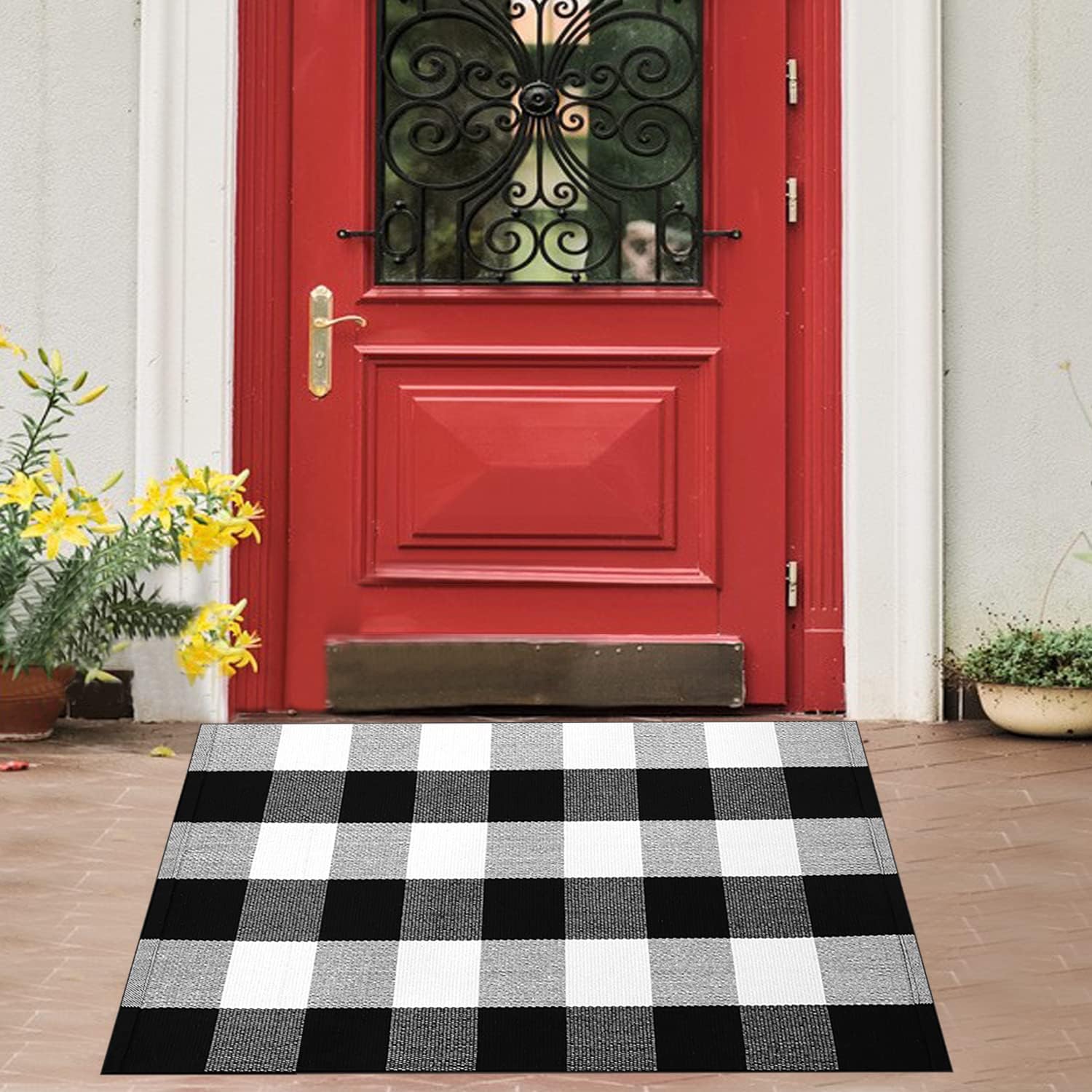 Buffalo Plaid Rug,Black and White Buffalo Plaid,Welcome Doormat, Front Door Mat Outdoor Buffalo Check Rug Cotton Hand-Woven Washable,Buffalo Plaid Door Mat 35.4x23.6 in