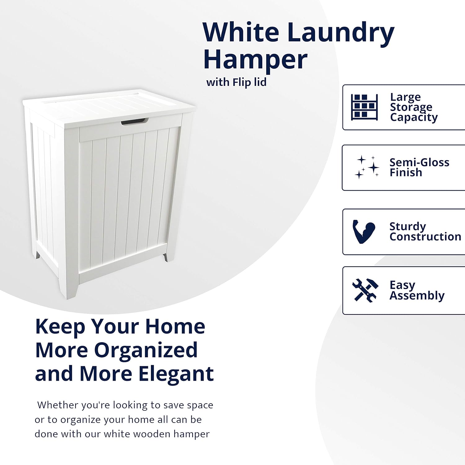 White Wooden Hamper with Flip Lid, Storage Bin Basket, Home Organizer Hamper for Bathroom Laundry Bedroom with Modern Design,Durable and Wood Construction Pack of 2