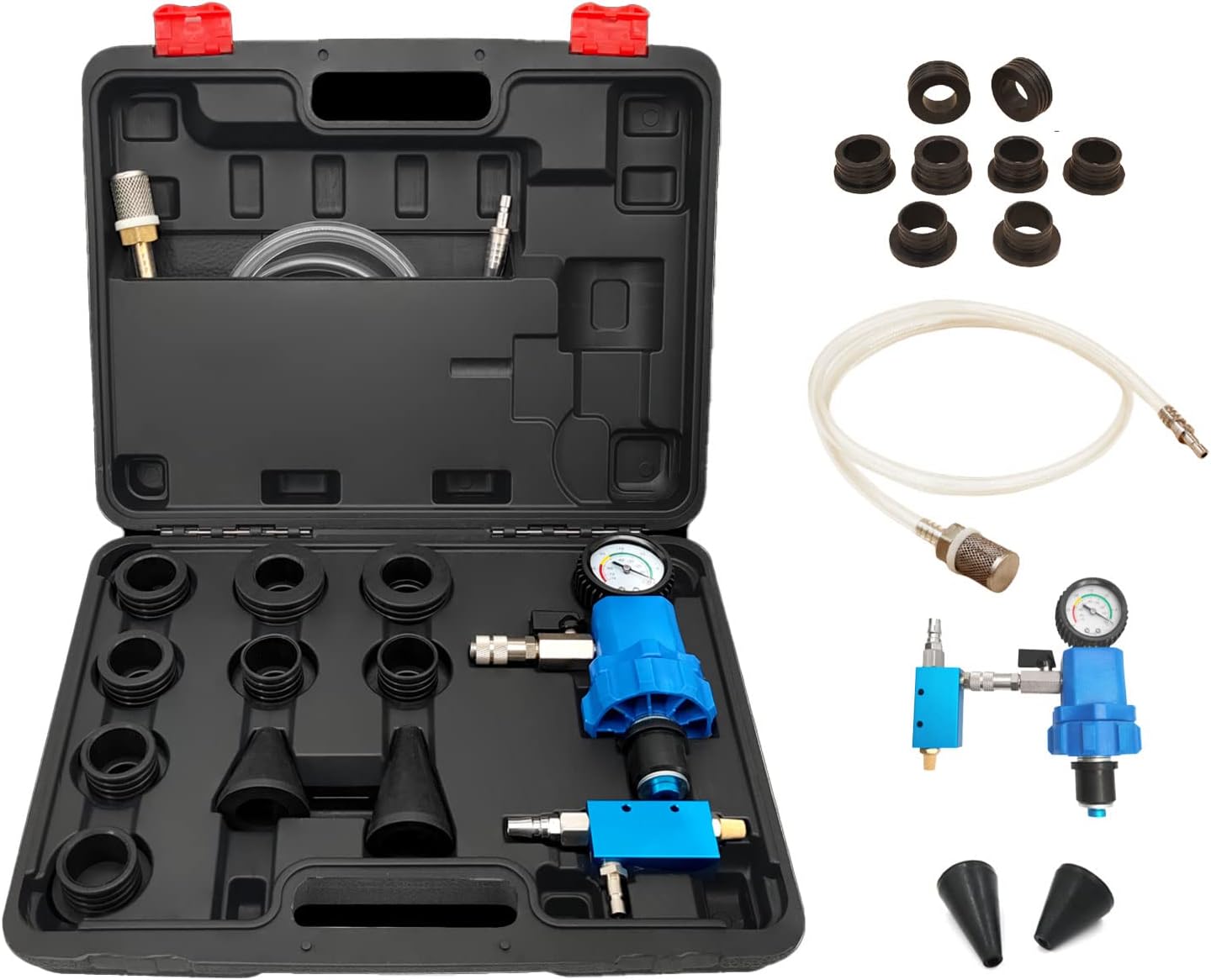 YUANRI Coolant Vacuum Refill Kit with 2PCS Universal Tapered Rubber Adapters, Cooling System Vacuum Purge & Refill Kit with Pressure Gauge and 8PCS Rubber Adapters Sleeves for Car SUV Van Truck