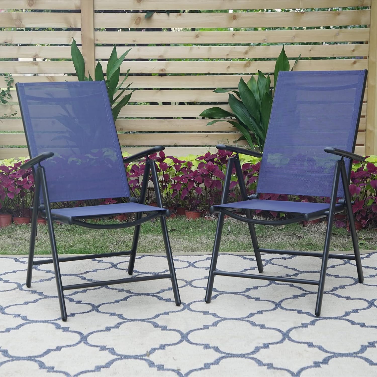 MFSTUDIO 2 PCS Folding Chairs with Arms,Portable Dining Chairs with 7 Levels Adjustable for Outdoor & Indoor, Blue Sling Back Chairs