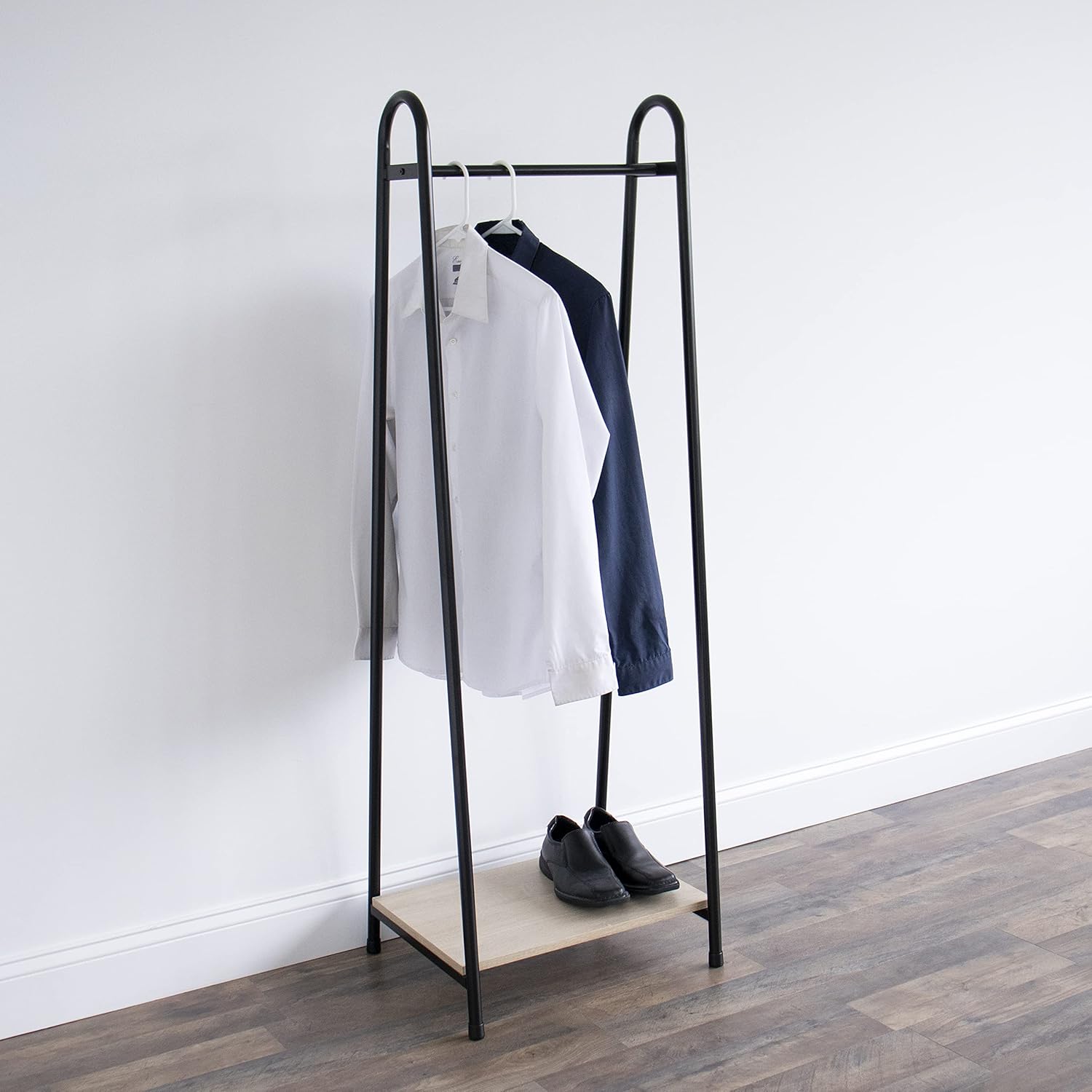 Humble Crew, Walnut/Black Freestanding Metal Garment Rack with Wood Shelf Pack of 2