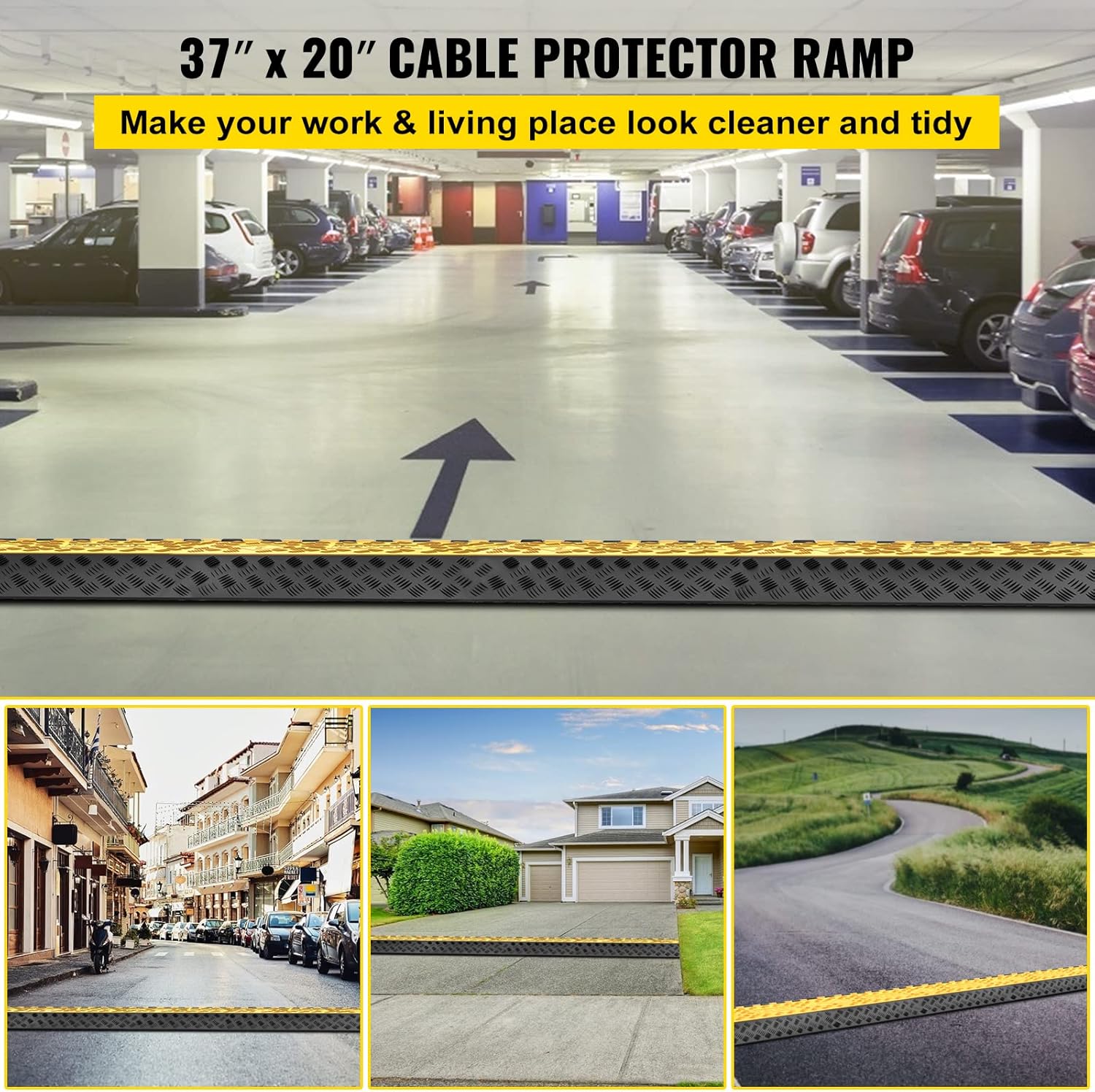 Happybuy 1 Pack of 3-Channel Rubber Cable Protector Ramps Heavy Duty 44000Lbs Load Capacity Cable Wire Cord Cover Ramp Speed Bump Driveway Hose Cable Ramp Protective Cover Pack of 2