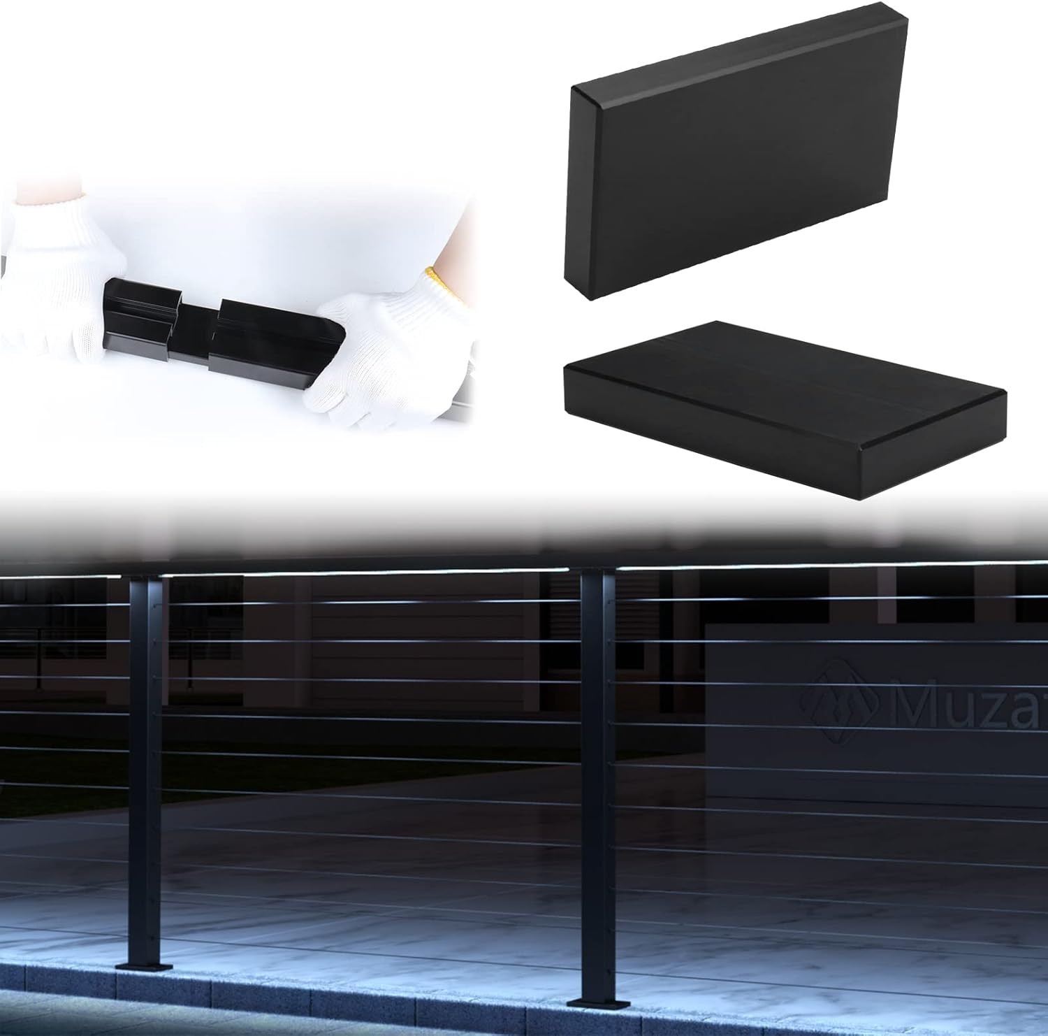 Muzata 2Pack Handrail Extension Connector for Rectangle Lighted Handrail Muzata HT11 Nightscape for Stair Corner Weldless High Strength POM Black Internal Spline HA20 BNP, HC1 HR0