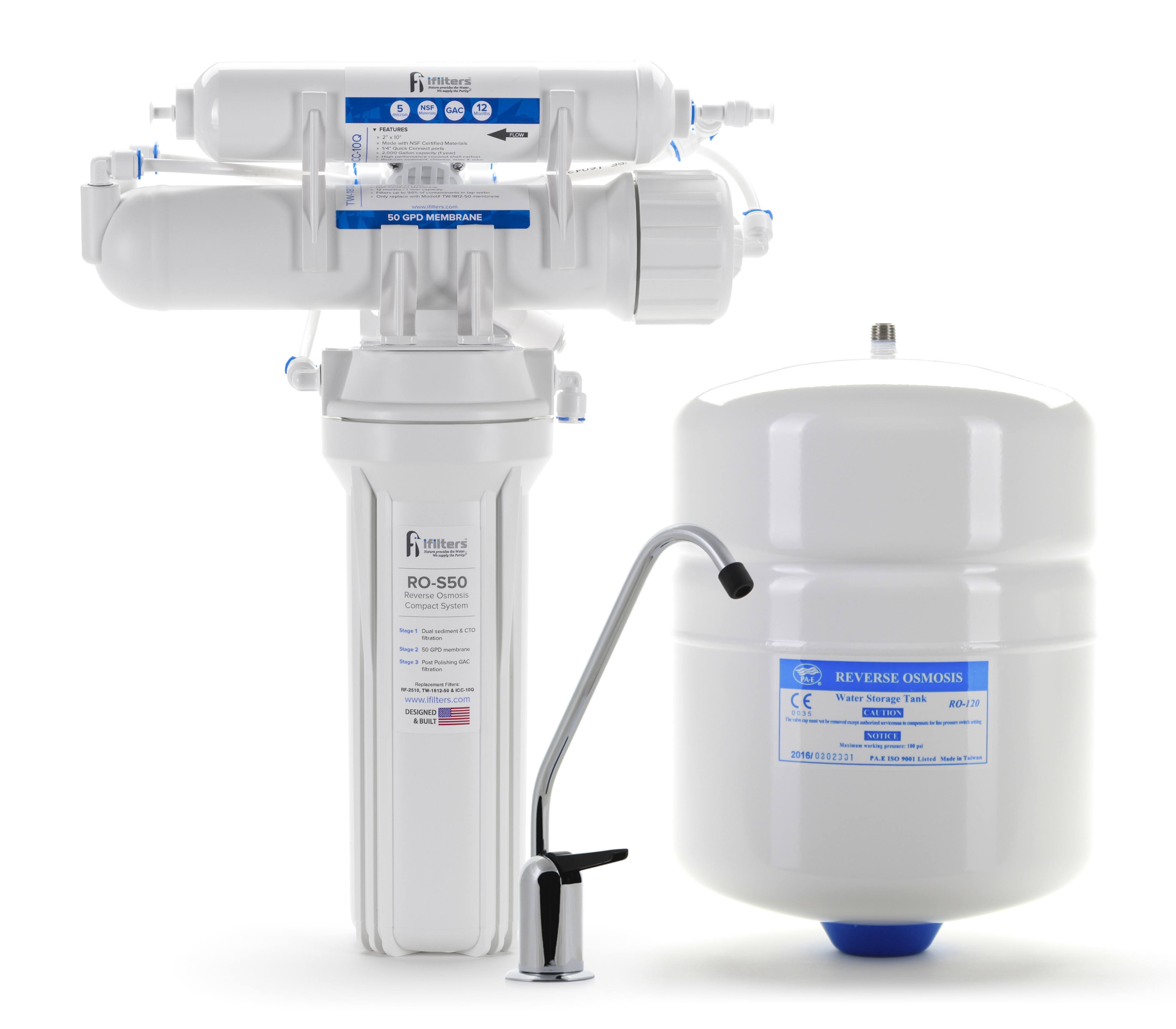 iFilters REVERSE Osmosis System Compact Ultra 3 Stage 50 GPD Complete with Filters, Lead Free Faucet u0026 Tank - Built in USA