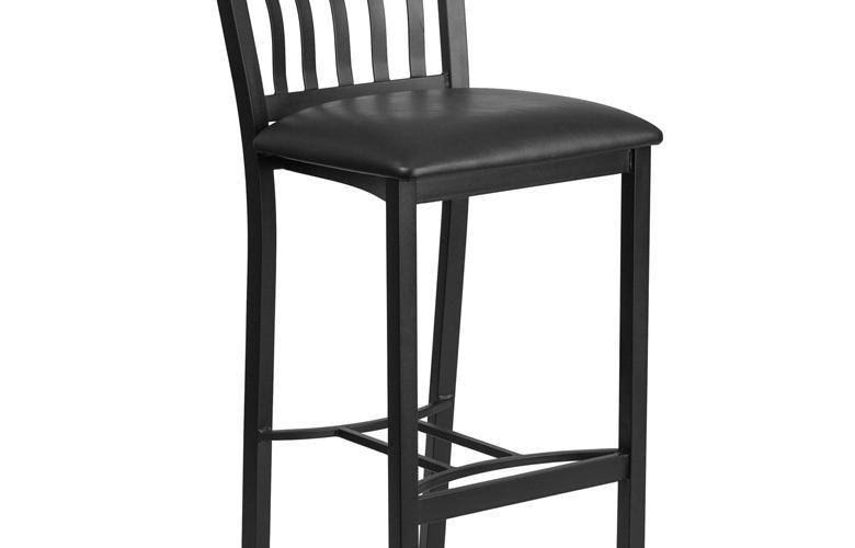 Eclipse Series Vertical Back Black Metal and Cherry Wood Restaurant Barstool with Black Vinyl Seat | Flash Furniture