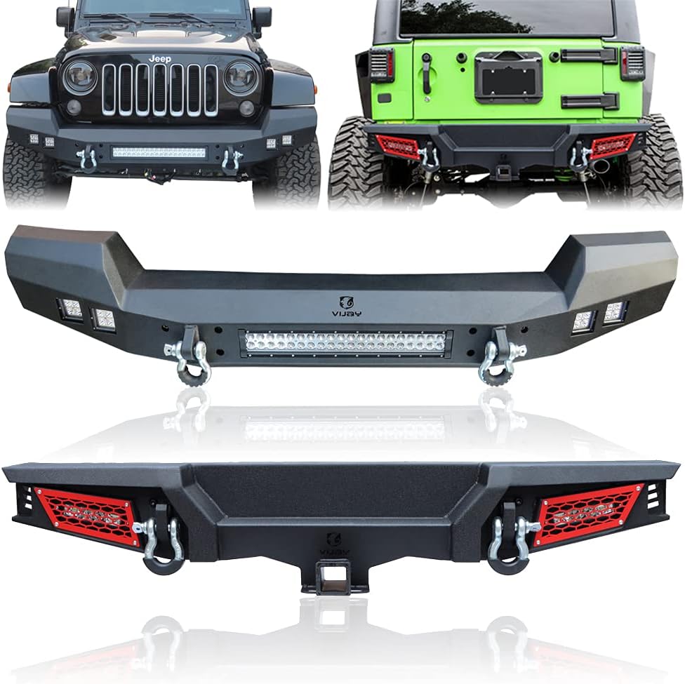 Tioyar Front and Rear Bumpers w/7 LED Lights and 4 D-Ring fit 2007-2017 Wrangler JK JKU (textured black)