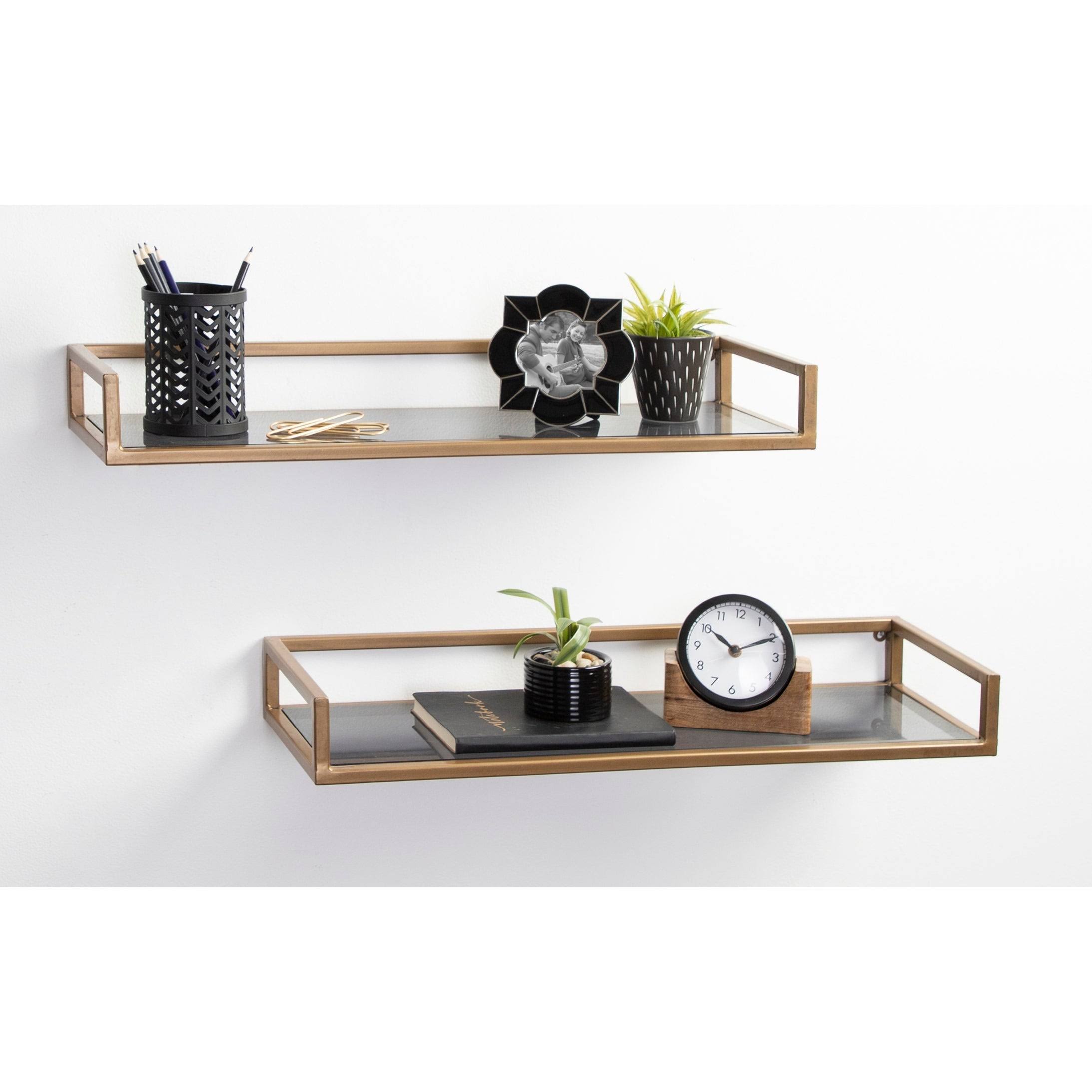 Kate and Laurel Blex Metal and Glass Wall Shelf - 18x8x15 - Gold/Black