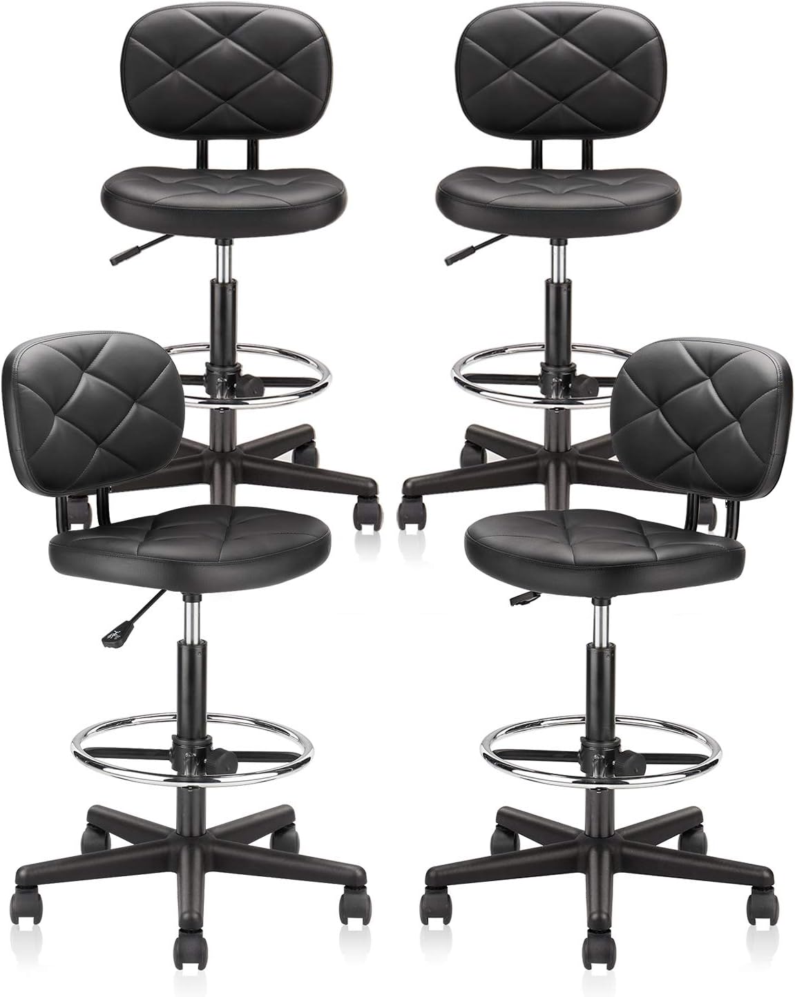 KLASIKA Tall Drafting Rolling Stool Chair with Low Back Support and Adjustable Foot Rest Ring Set of 4 PU Leather Vinly Wide Seat Swivel Standing Desk Chair for Office Home 4 Pack