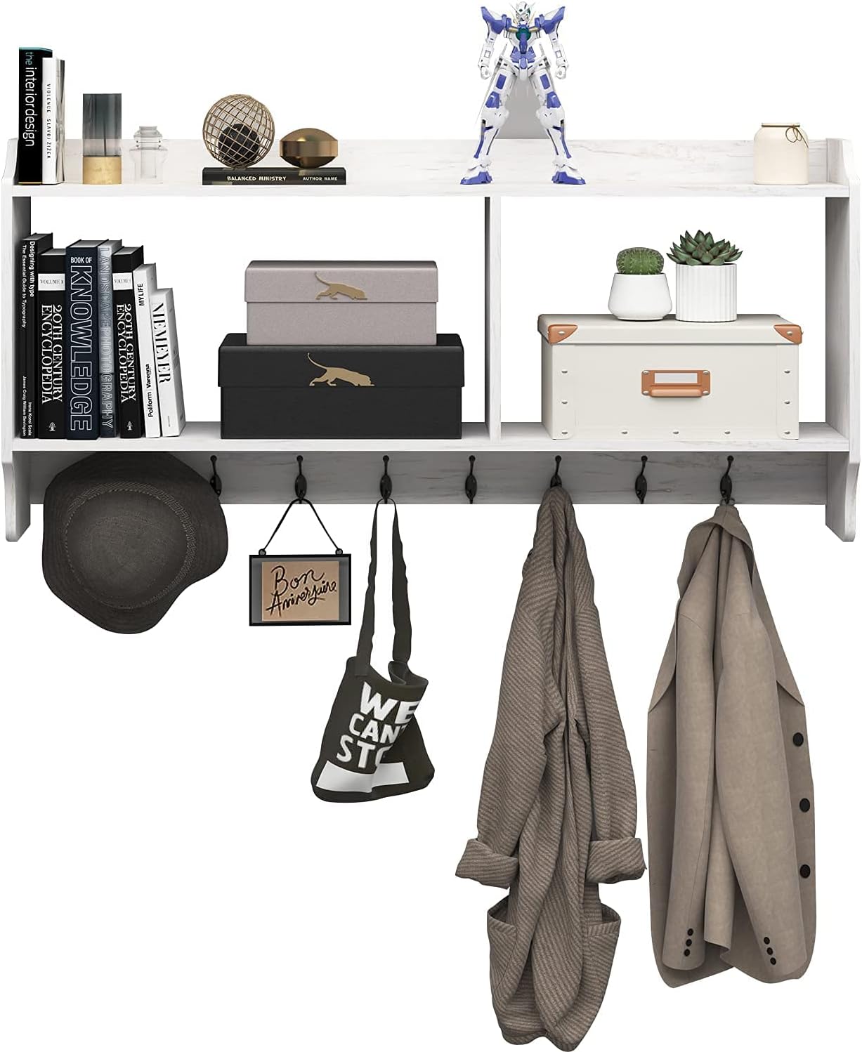 Floating Shelving Unit,Wood Hanger Mail Organizer with 8 Hooks Wall Mount Key Hangers Floating Shelf Space Saving Multi Purpose Key Holder for Entryway Mudroom Hallway Office