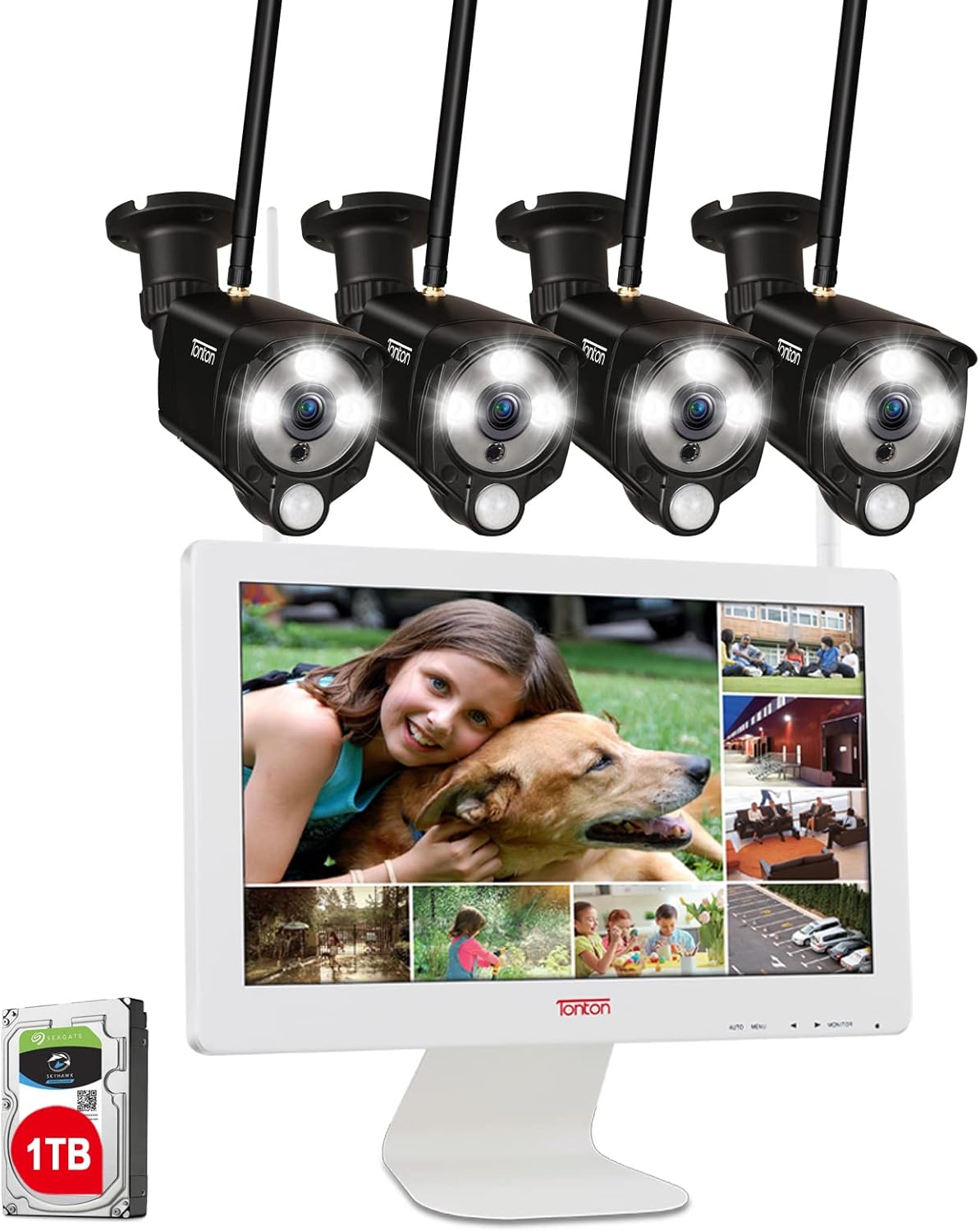 [3MP&2 Way Audio] Tonton Wireless All-in-One Security Camera System with 16 Inch Monitor, 8CH WiFi NVR with 1TB HDD,4PCS 3MP Outdoor Bullet IP Cameras with PIR Sensor,Floodlight,Plug and Play(Black)